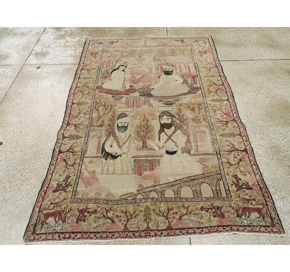Hand-Knotted Antique Persian Lavar Kerman Pictorial Rug