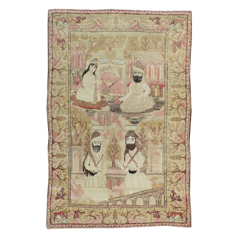 Antique Persian Lavar Kerman Pictorial Rug For Sale
