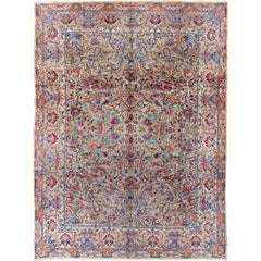 Colorful Antique Persian Kerman Rug in Blue, Green, Red and Multi Colors