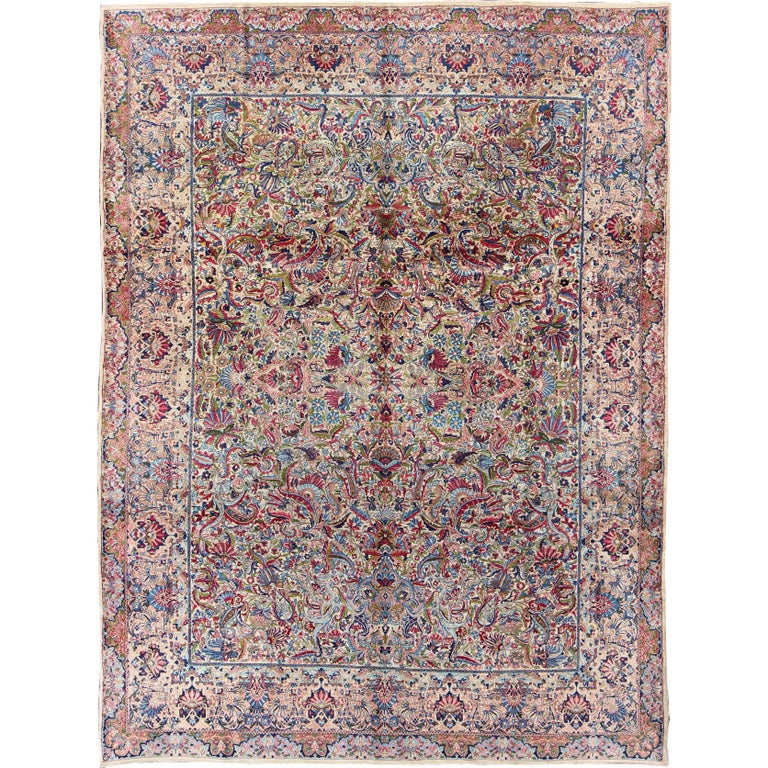 Antique Persian Lavar Kerman Rug In Shades Of Blue Green Red And Multi Colors For Sale At 1stdibs