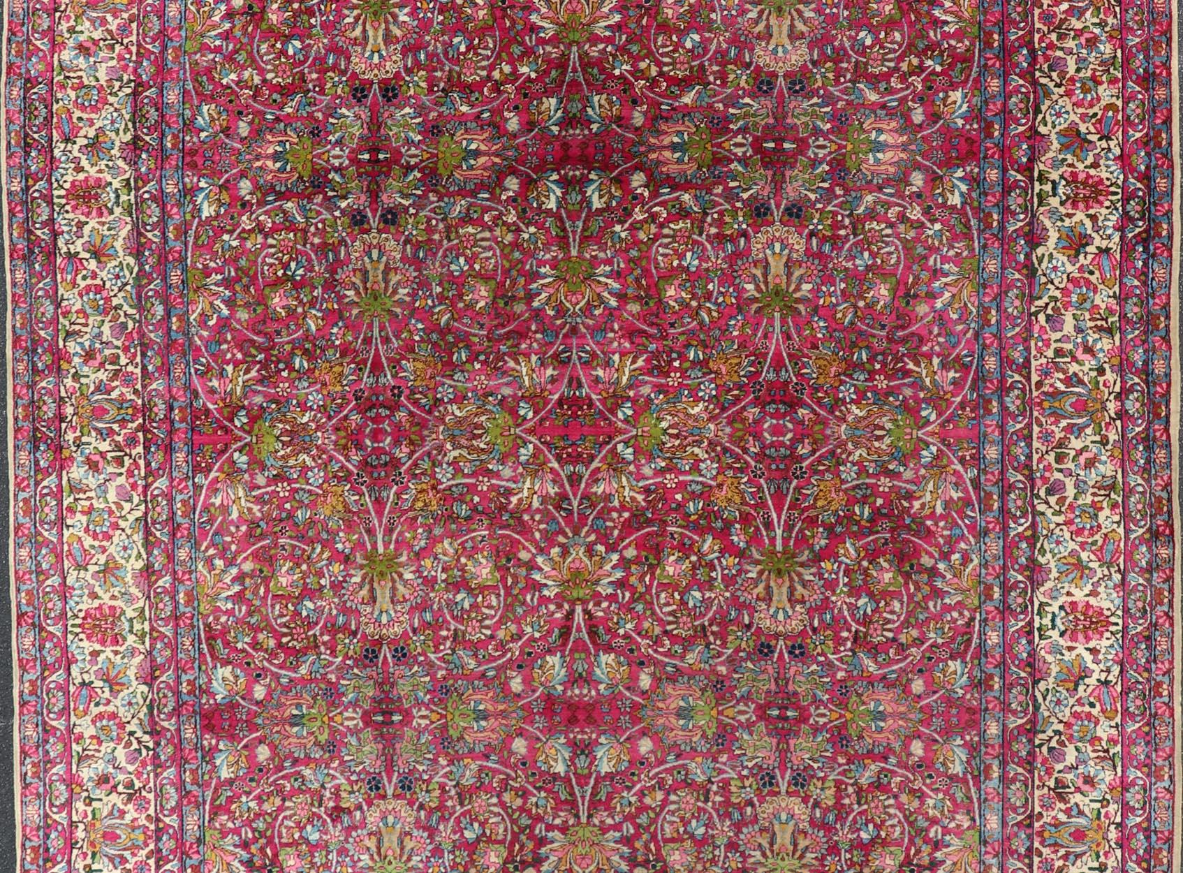  Antique Persian Lavar Kerman Rug with All-Over Floral Design In Jewel Tones  For Sale 1