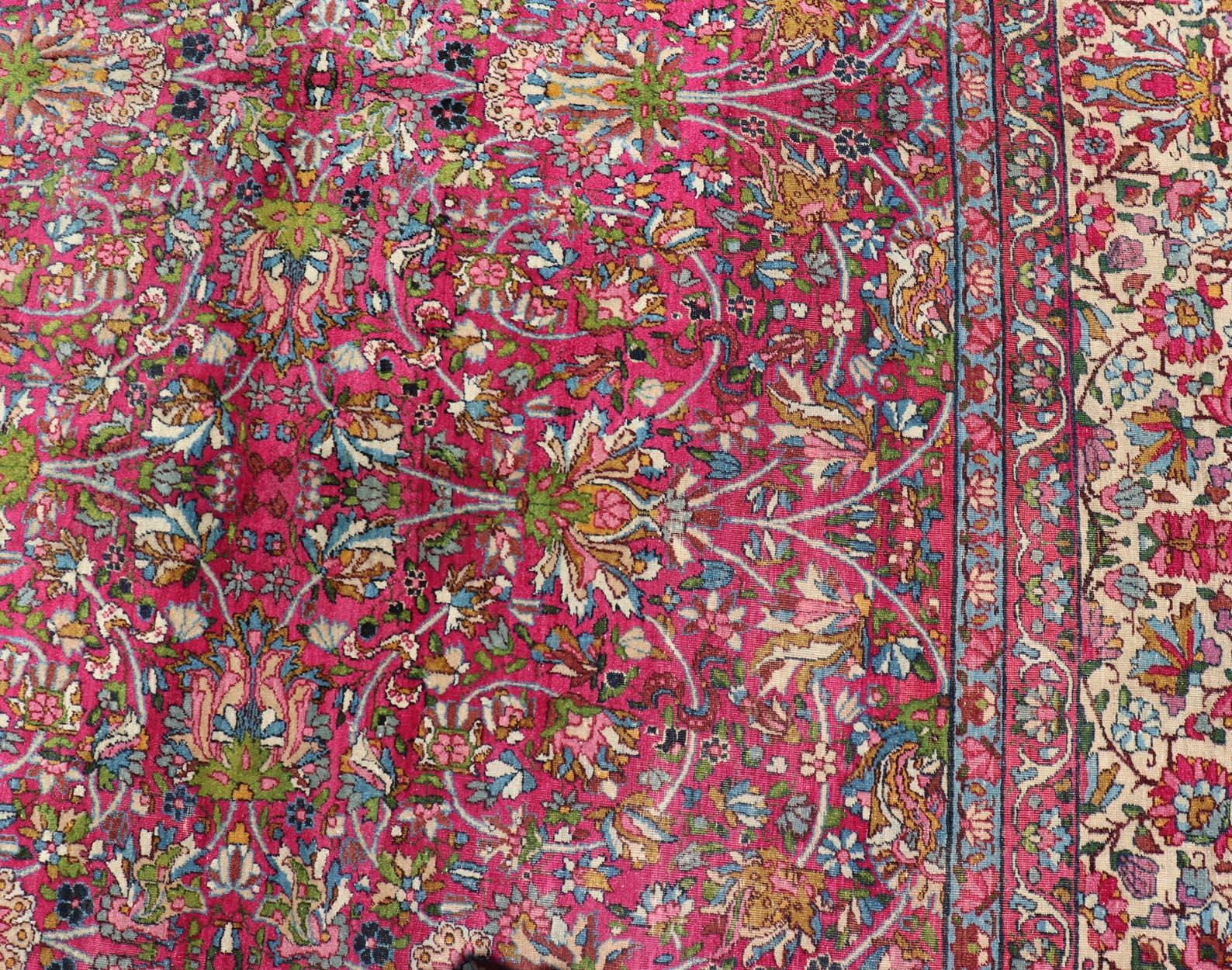 Hand-Knotted  Antique Persian Lavar Kerman Rug with All-Over Floral Design In Jewel Tones  For Sale