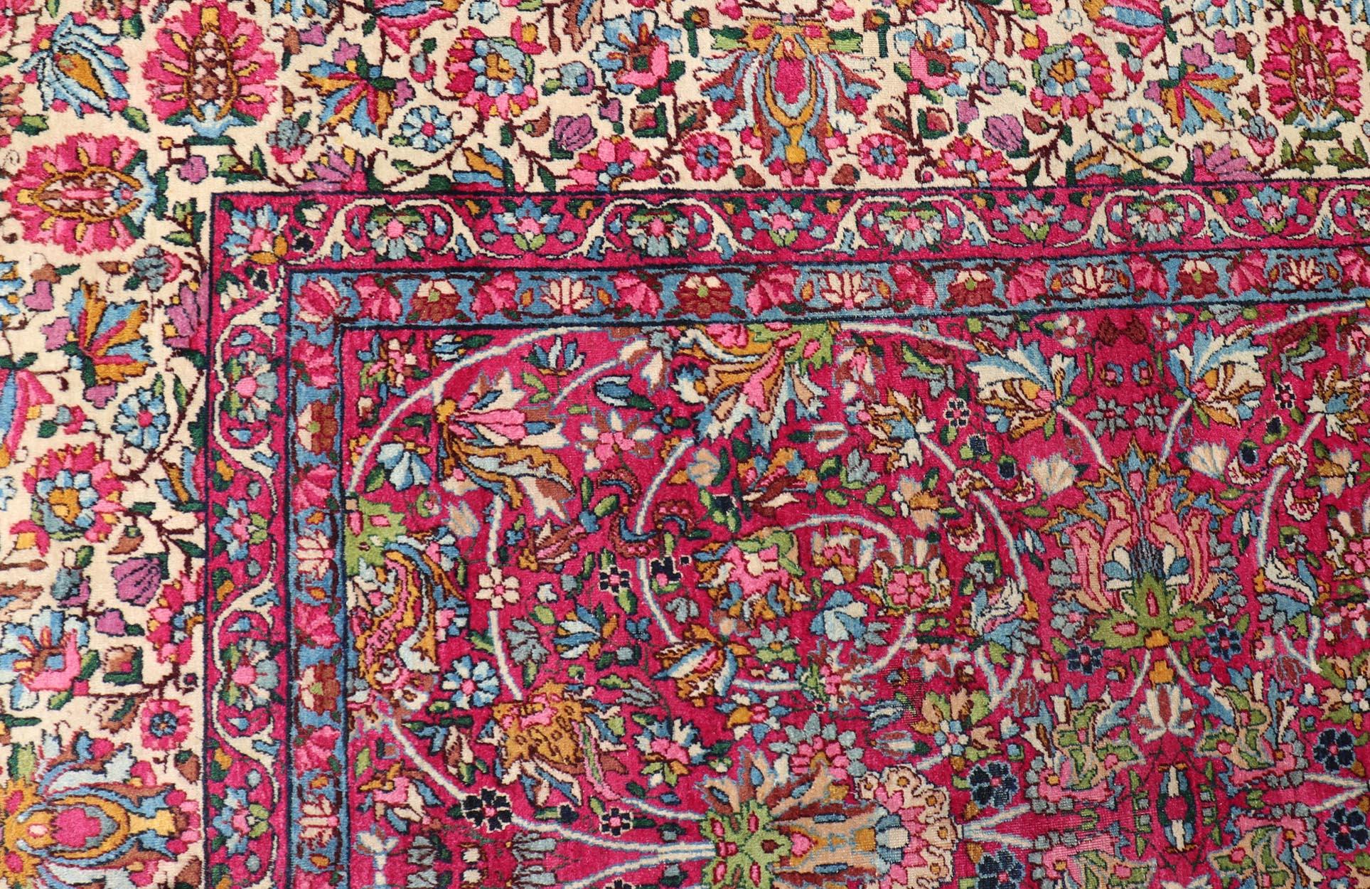  Antique Persian Lavar Kerman Rug with All-Over Floral Design In Jewel Tones  In Good Condition For Sale In Atlanta, GA