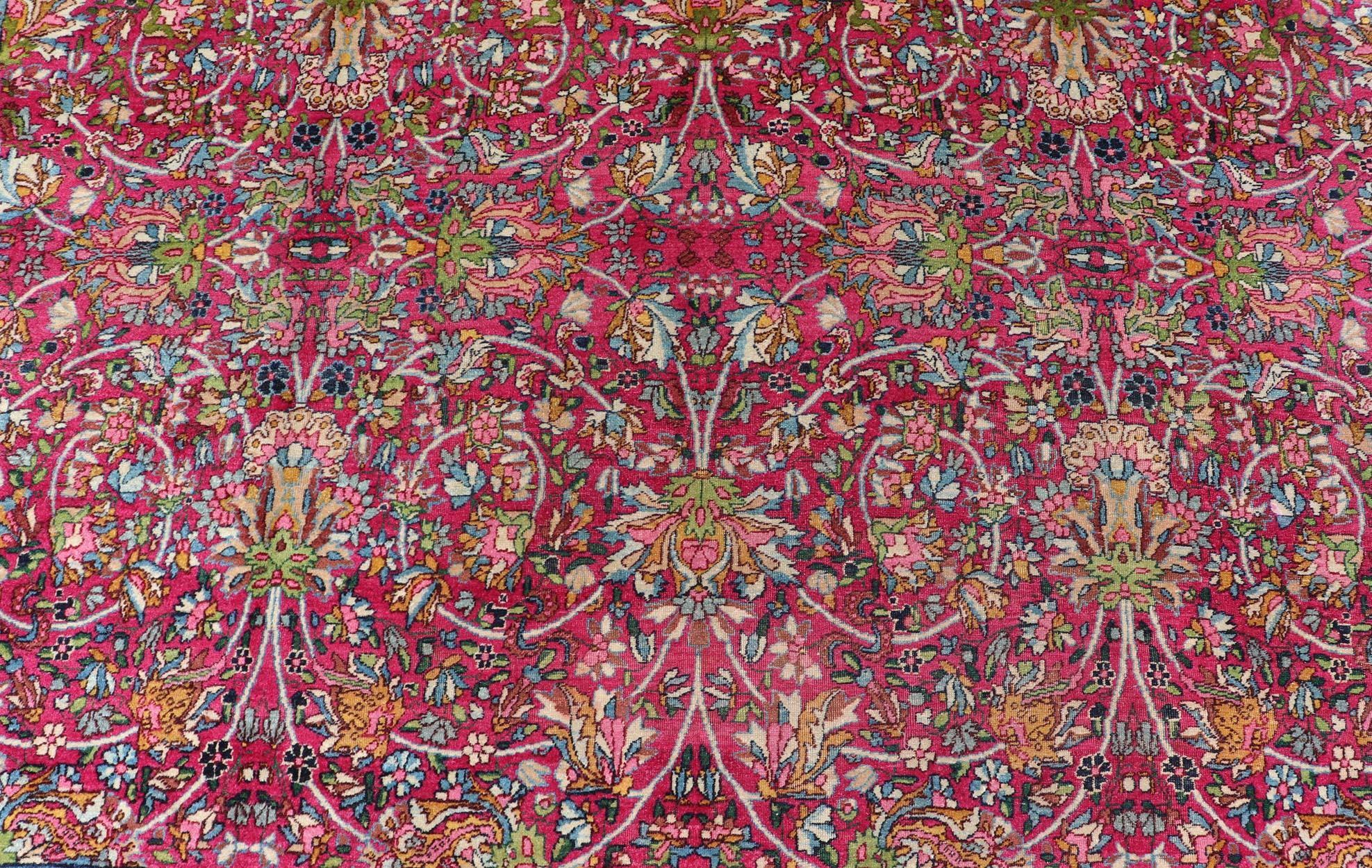 20th Century  Antique Persian Lavar Kerman Rug with All-Over Floral Design In Jewel Tones  For Sale
