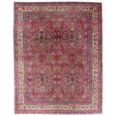 Antique Persian Lavar Kerman Rug with All-Over Floral Design In Jewel Tones