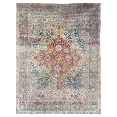 Antique Persian Lavar Kerman Rug with Diamond Medallion in Soft Colors