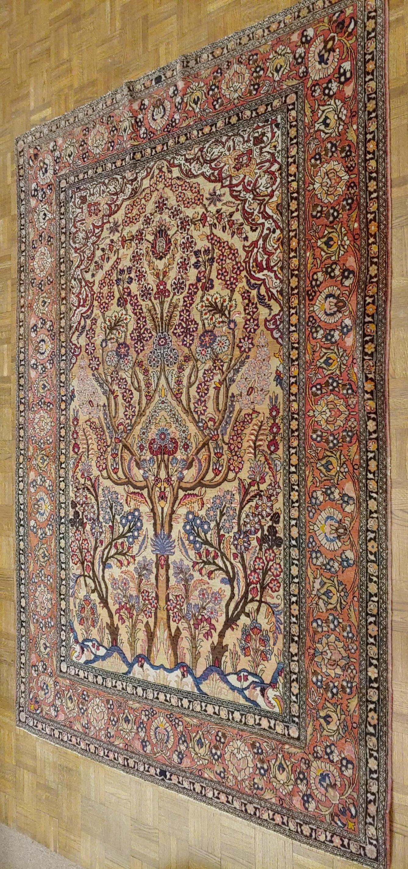 Woven Antique Persian Lavar Kerman, Tree of Life, Wool, Scatter Size, 1915 For Sale