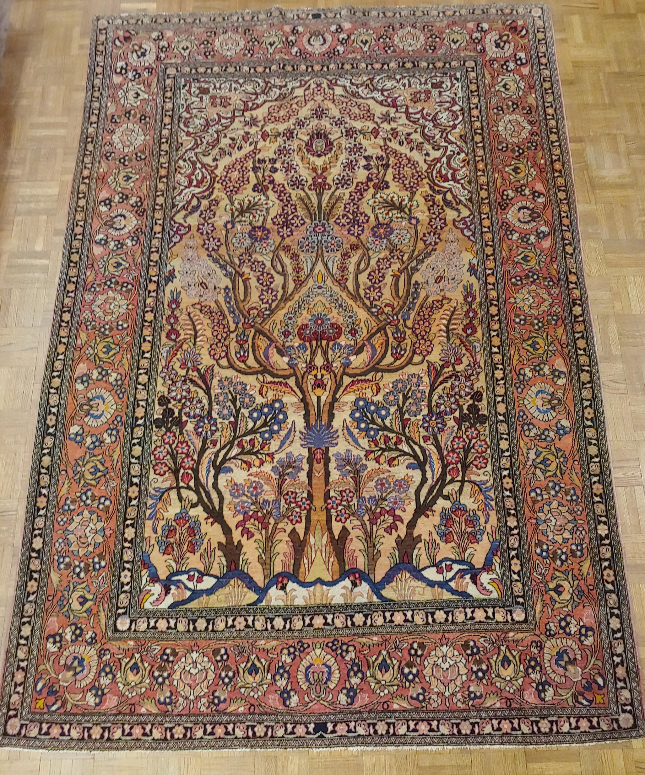 20th Century Antique Persian Lavar Kerman, Tree of Life, Wool, Scatter Size, 1915 For Sale