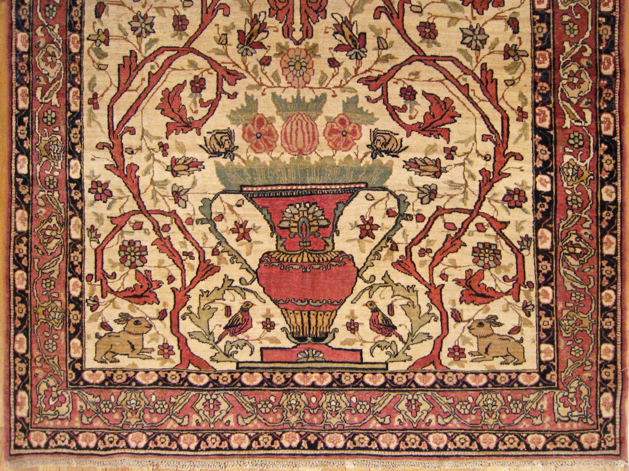 Early 20th Century Antique Persian Lavar Meditation Rug, in Small Size, with Prayer Arch and Vases For Sale
