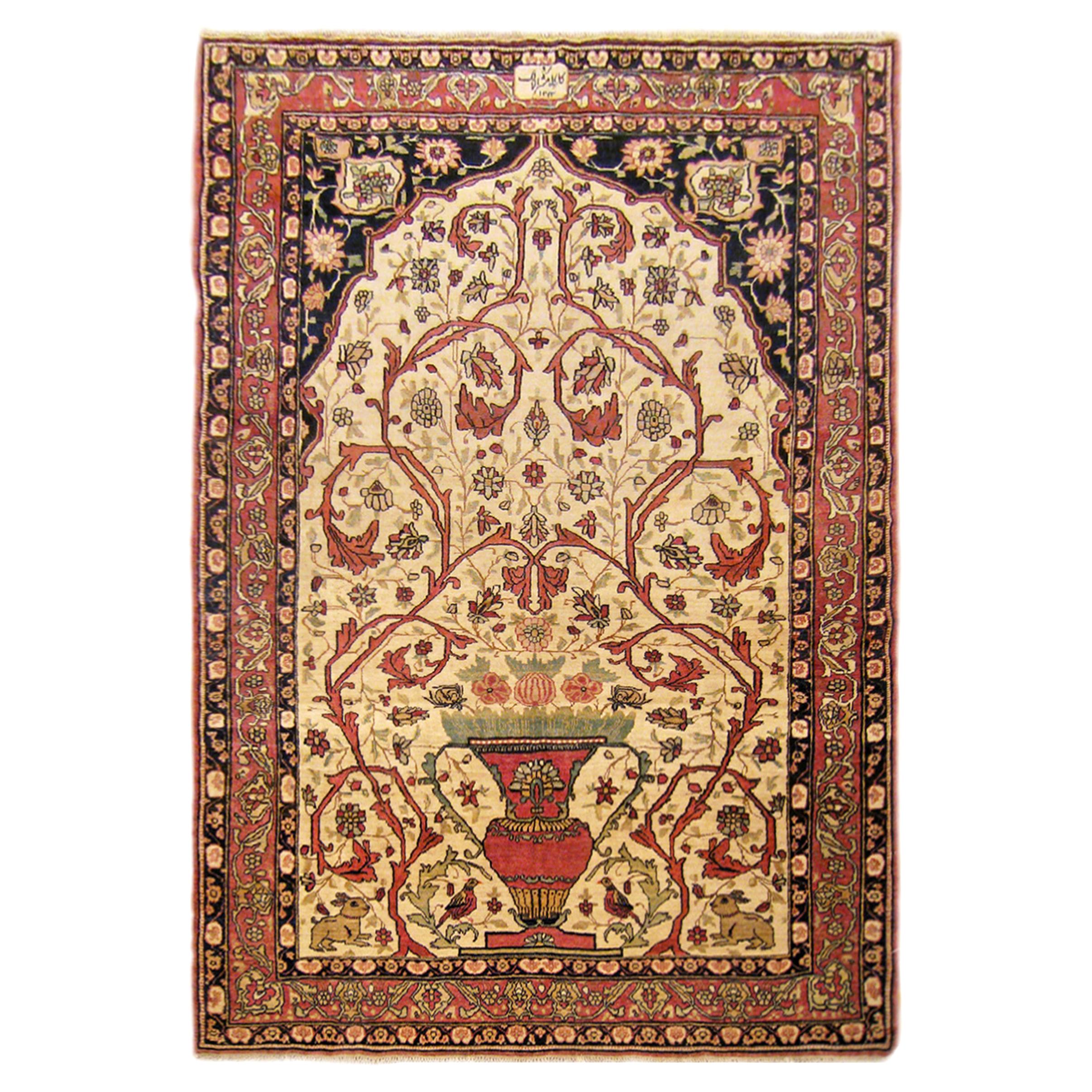 Antique Persian Lavar Meditation Rug, in Small Size, with Prayer Arch and Vases For Sale