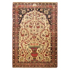 Antique Persian Lavar Meditation Rug, in Small Size, with Prayer Arch and Vases