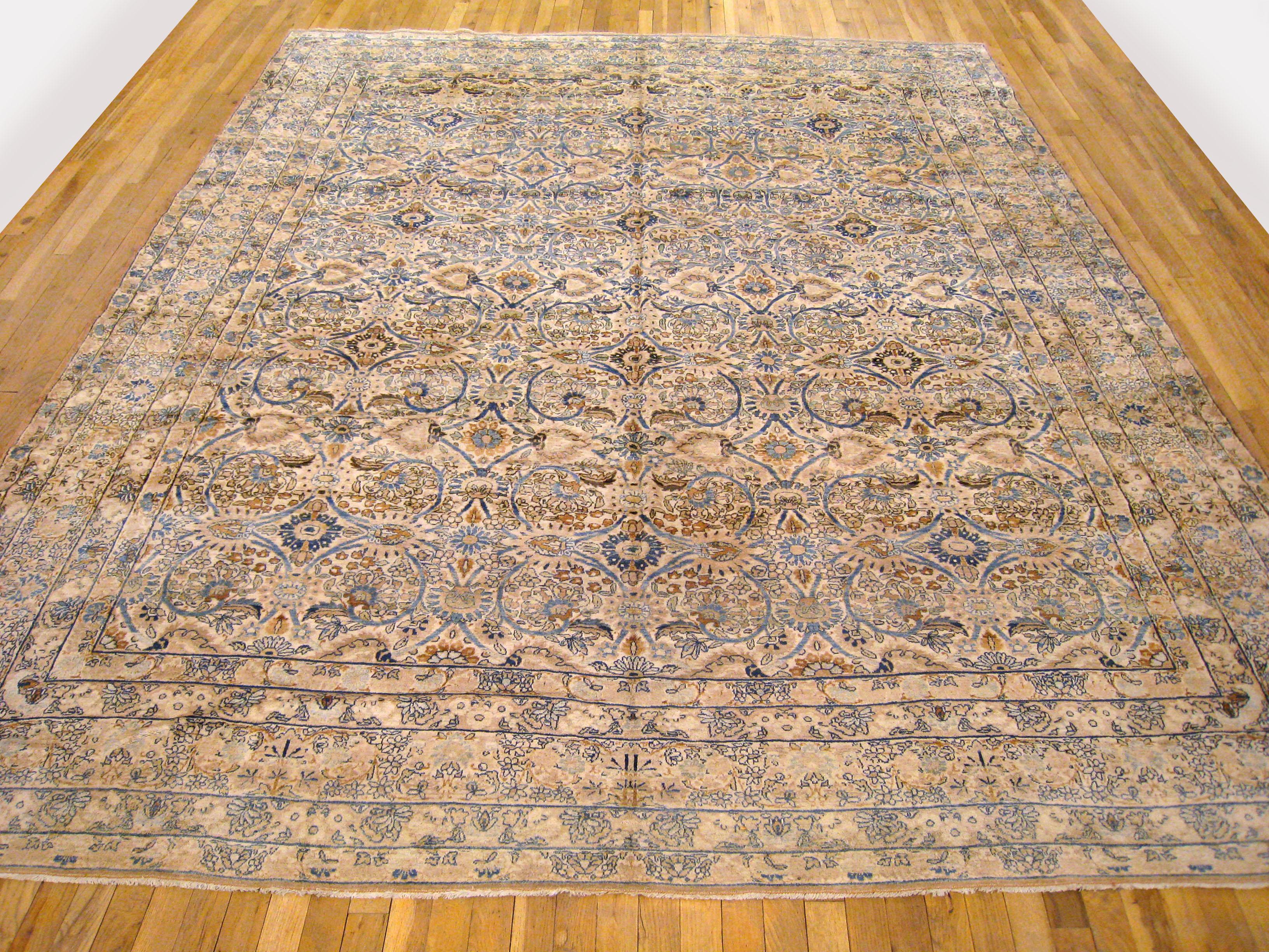 Hand-Knotted Antique Persian Lavar Oriental Carpet, in Room Size, with a Repeating Design For Sale