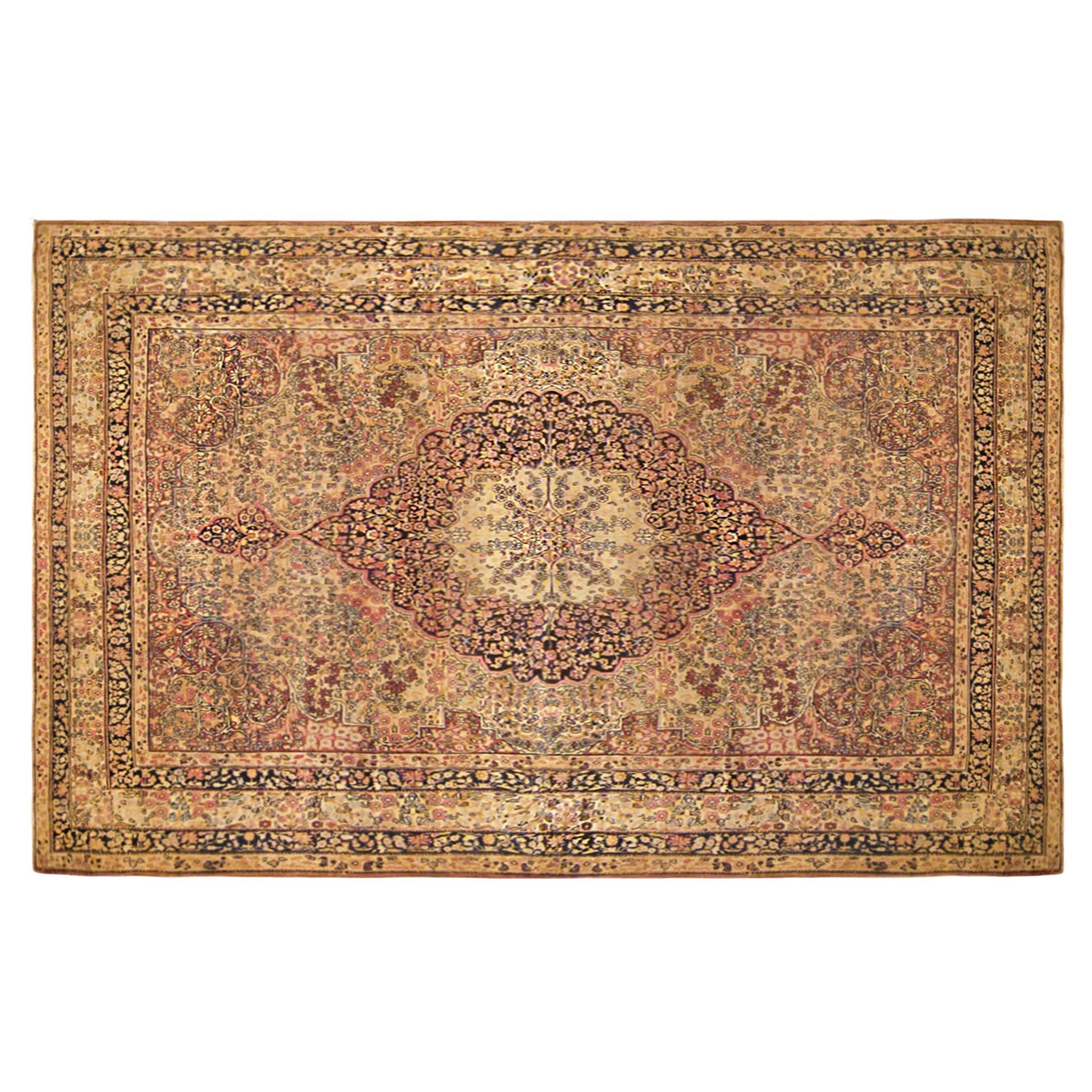 Antique Persian Lavar Oriental Carpet, in Room Size, with Central Medallion For Sale