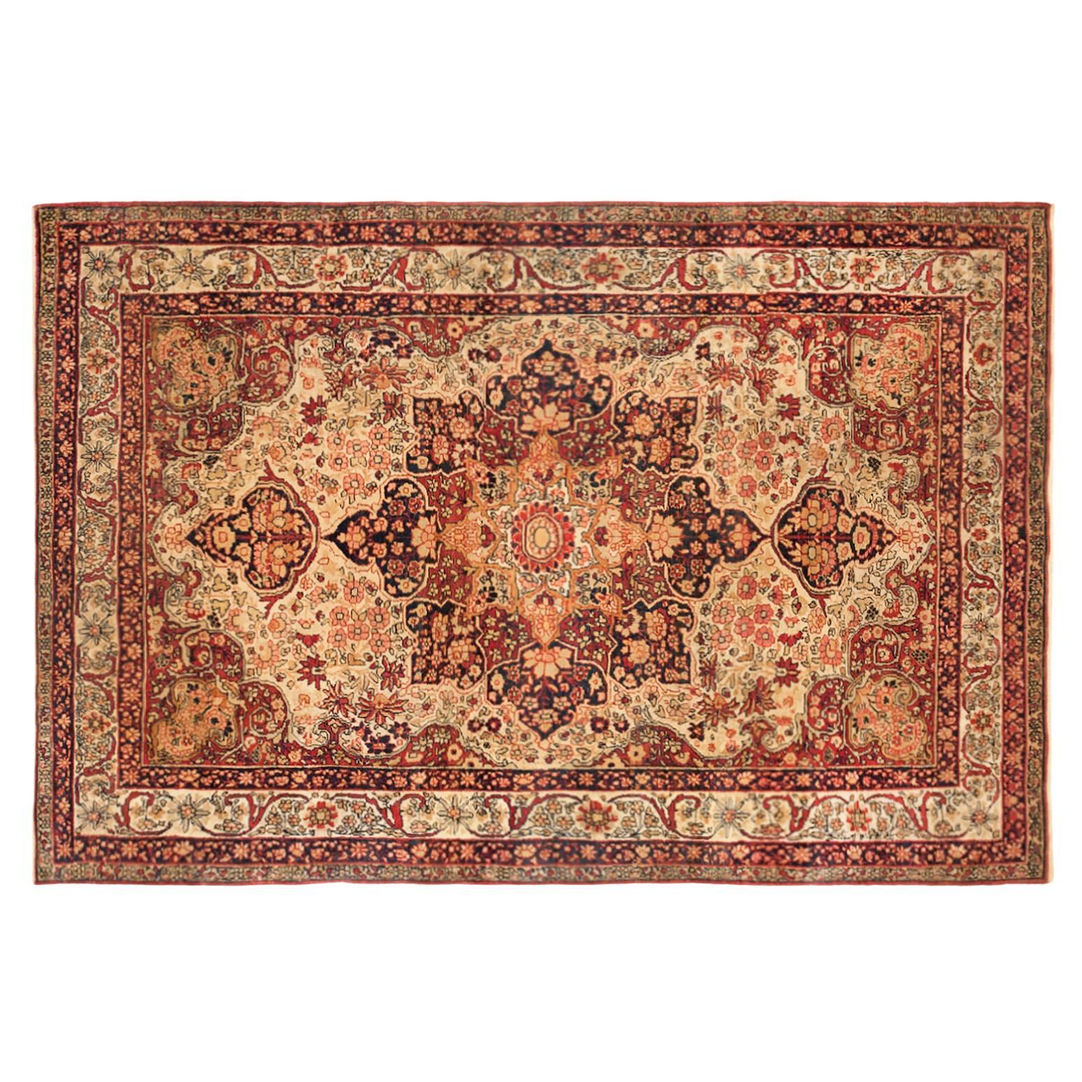 Antique Persian Lavar Oriental Carpet, in Small Size, with a Central Medallion