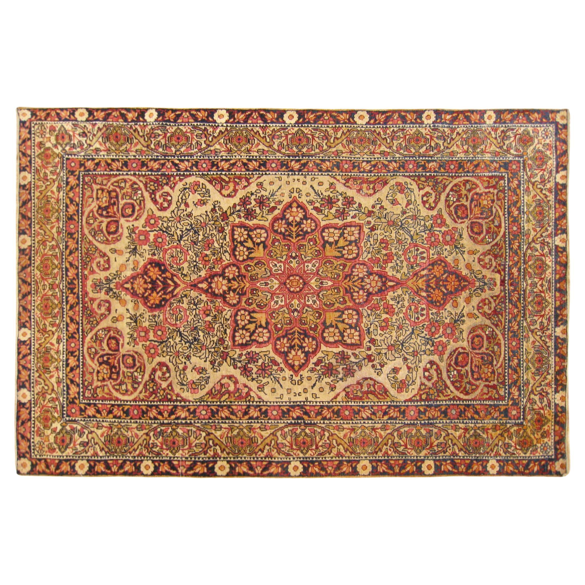Antique Persian Lavar Oriental Carpet, in Small Size, with a Central Medallion
