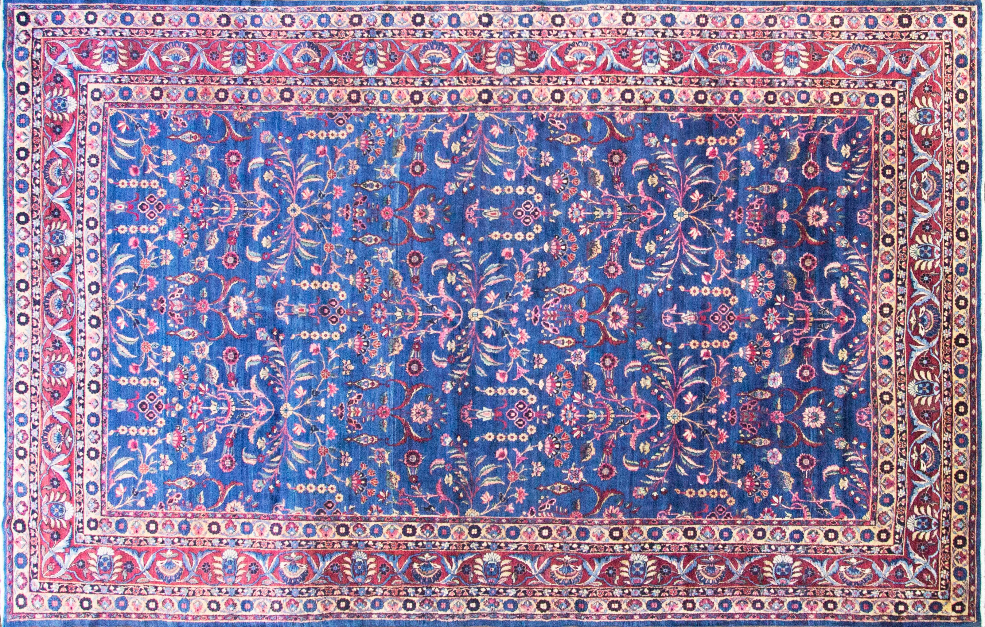 Antique Persian Laver Kerman carpet, amazing color in excellent condition with unique blue background.
Kirman was a very important antique rug weaving centre dating from the Golden Age of Persian culture under the Safavid dynasty in the 16th
