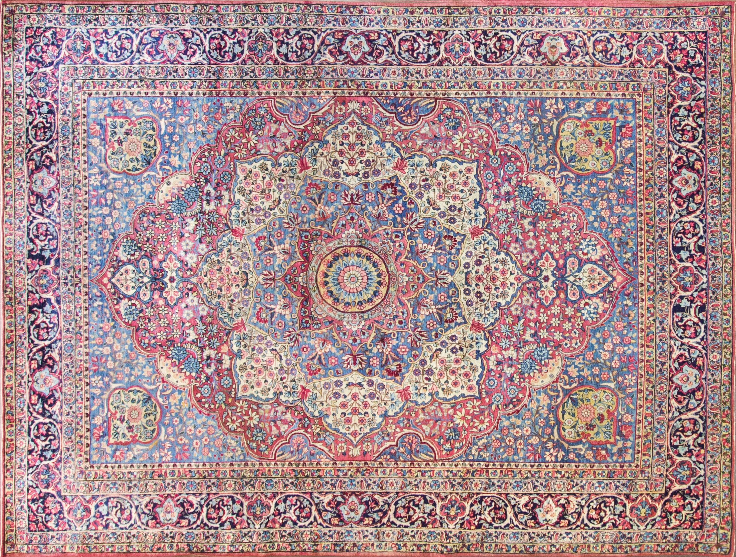 Antique Persian Laver Kerman carpet, amazing color and unique.
Kirman was a very important antique rug weaving centre dating from the Golden Age of Persian culture under the Safavid dynasty in the 16th century, on a par with Tabriz and Kashan in