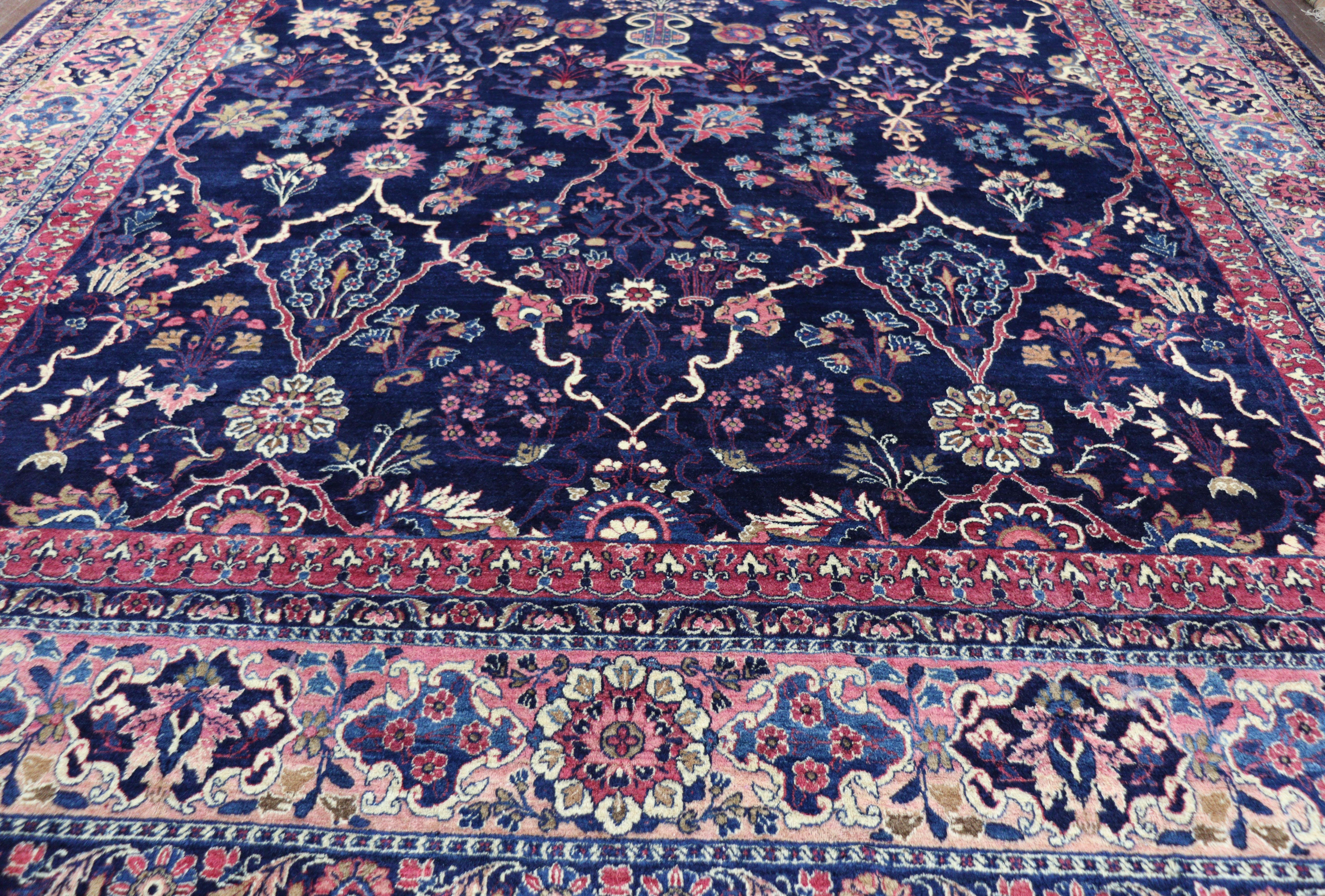 Hand-Knotted Antique Persian Laver Kerman, Signed c-1920 10'7