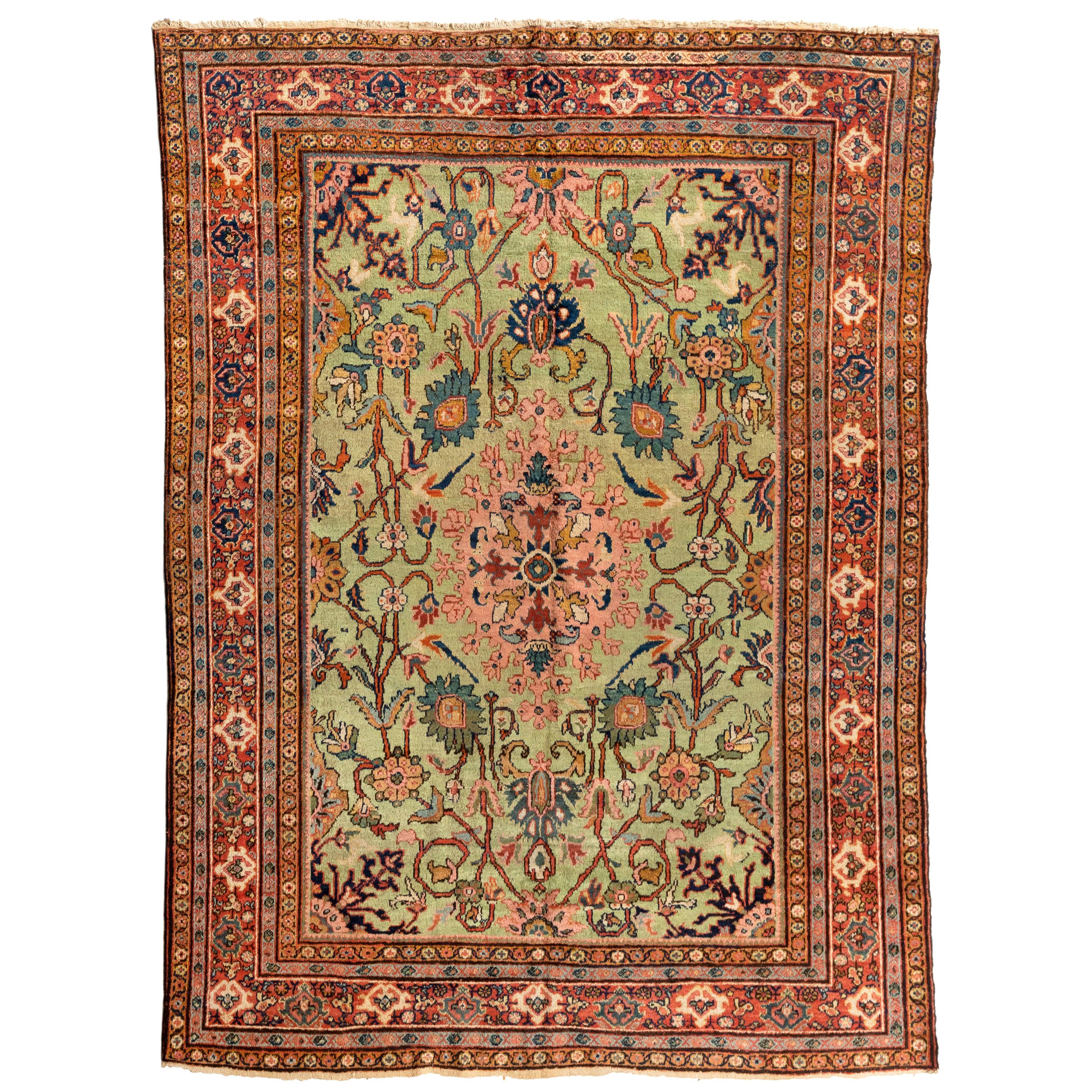 Antique Persian Light Green Floral Mahal Ziegler Area Rug For Sale