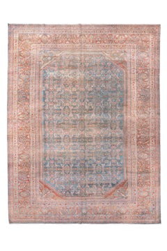Antique Persian Lilian Rug with Floral Medallion Design in Coral and Sky Blue