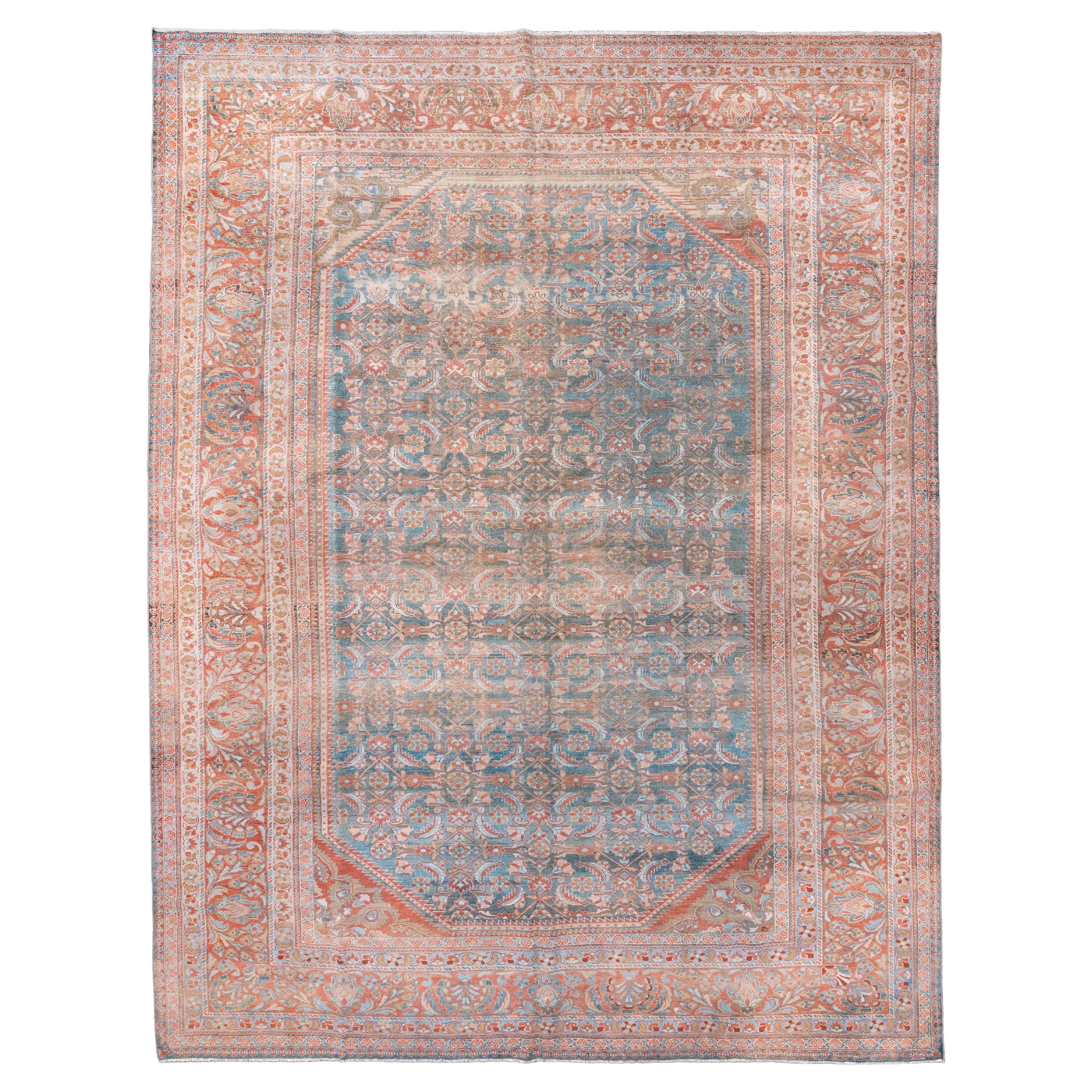 Antiker persischer Lilianenteppich mit floralem Medaillon-Design in Koralle und Himmelblau