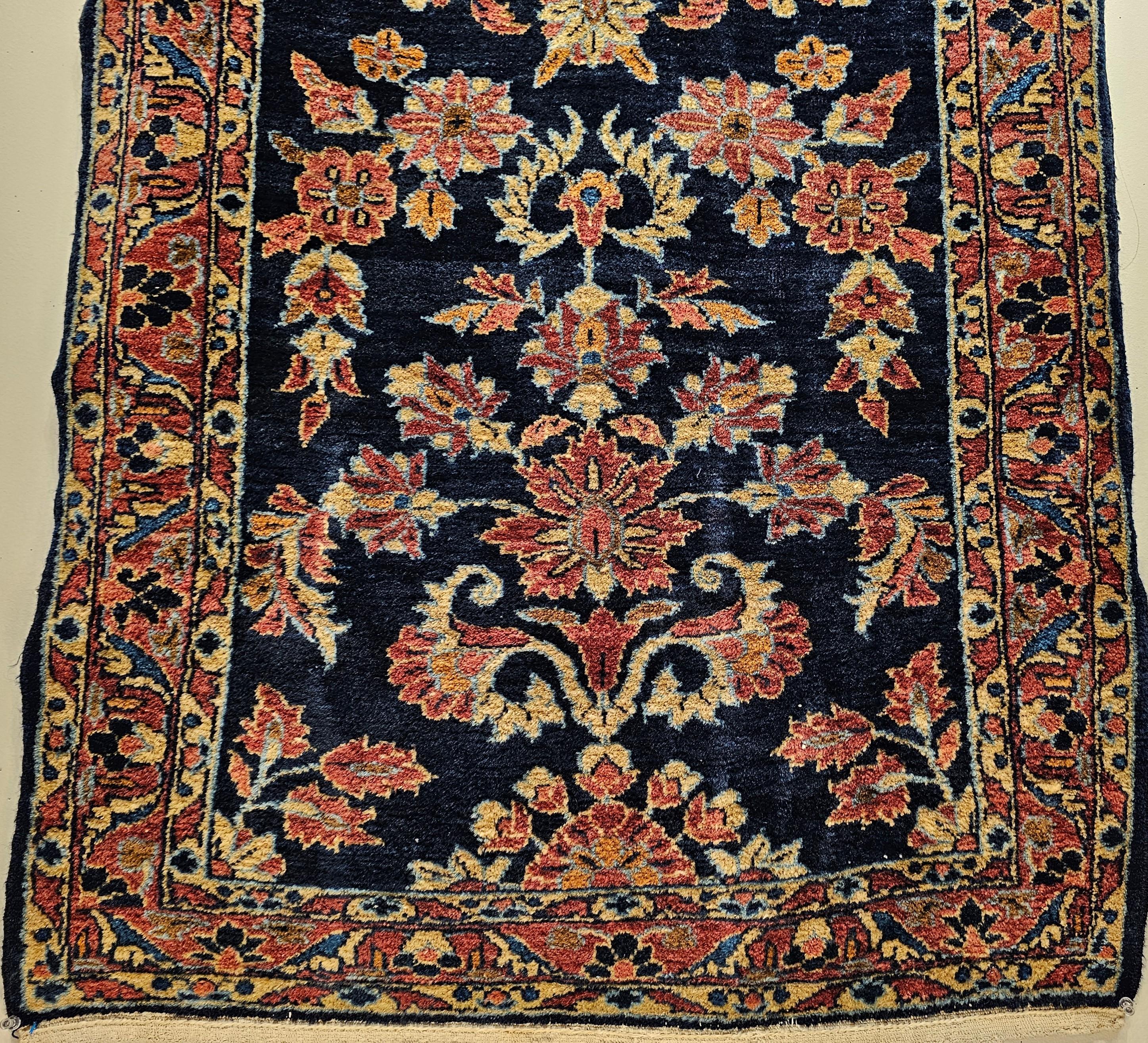 Vintage Persian Lilian Runner in Allover Floral Design in Abrash Navy Blue, Pink In Good Condition For Sale In Barrington, IL