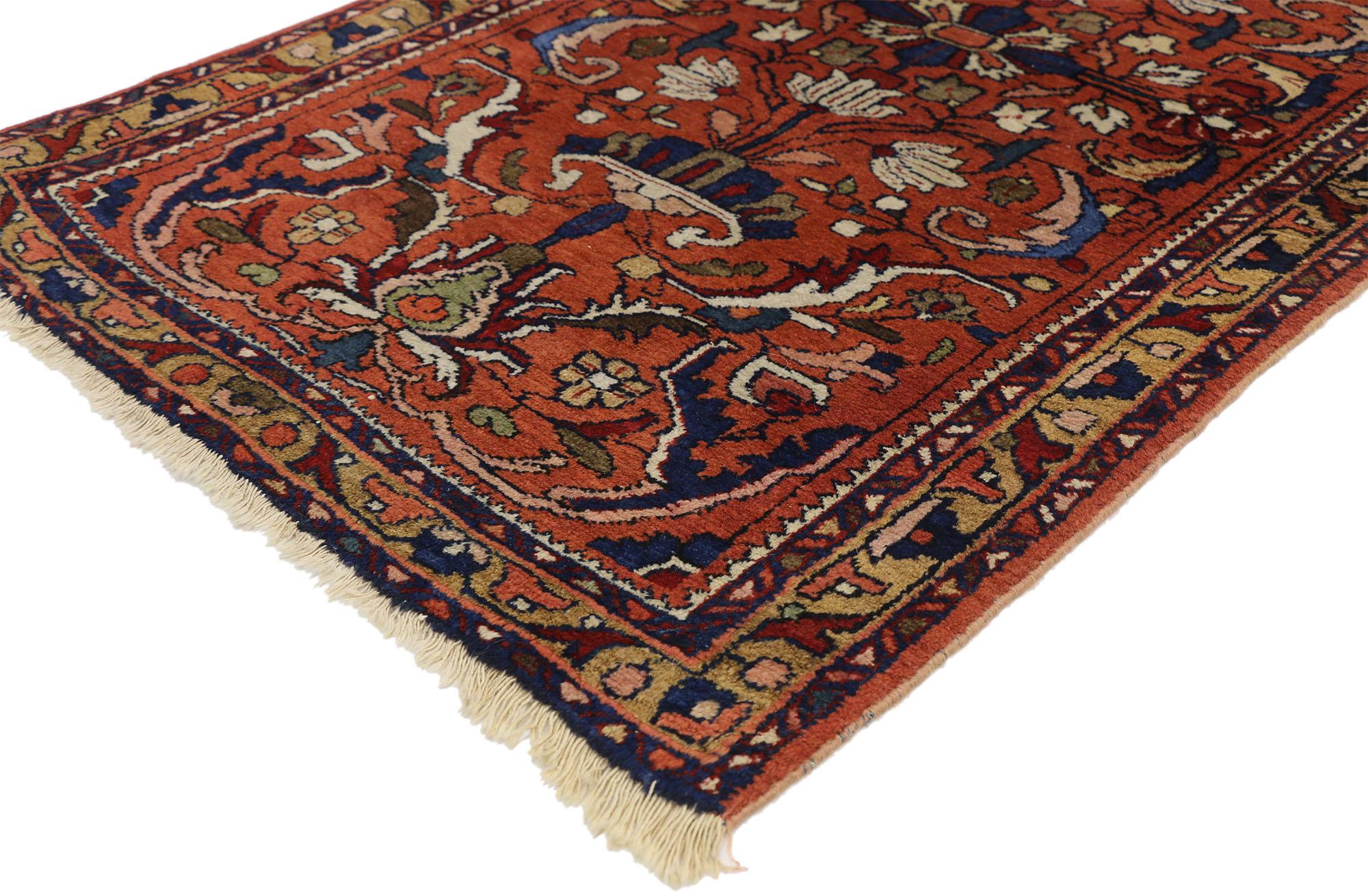 77071, antique Persian Lilihan Accent rug with Traditional style. This hand knotted wool antique Persian Lilihan rug features a double vase design spread across the rustic brick red field. The intricate vases sprout from lush palmettes, holding