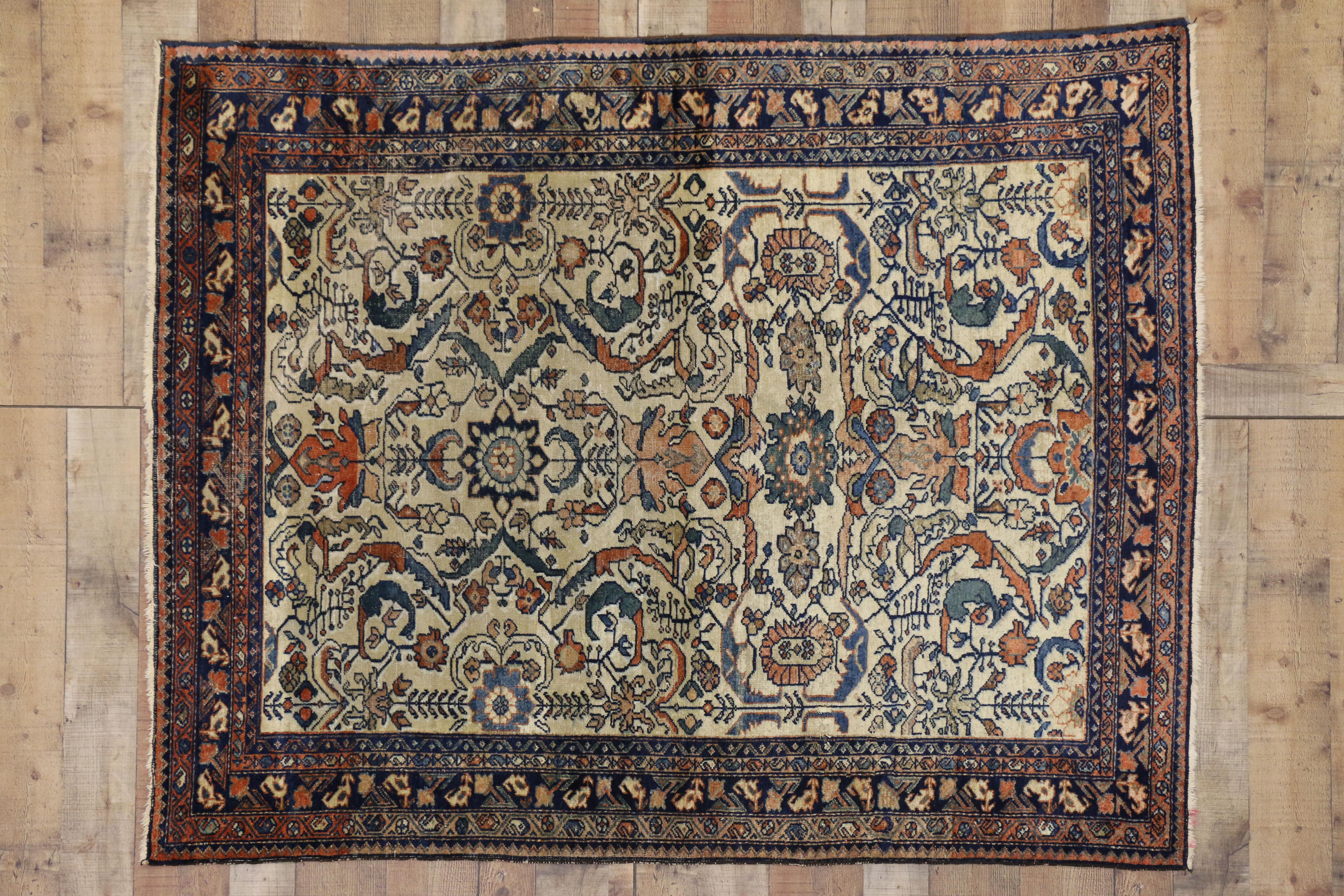 Antique Persian Lilihan Area Rug with Rustic Romantic Industrial Style In Distressed Condition In Dallas, TX