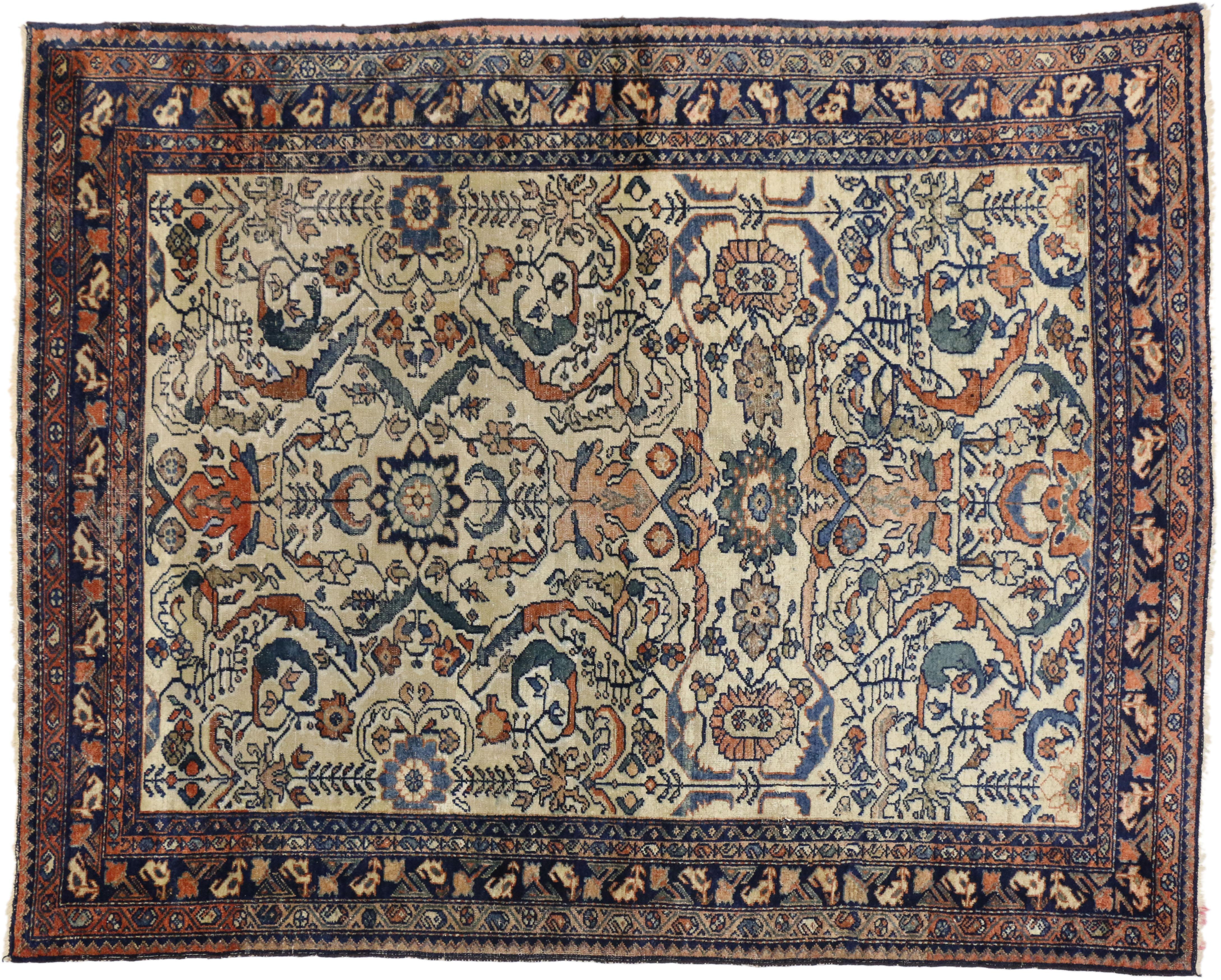 20th Century Antique Persian Lilihan Area Rug with Rustic Romantic Industrial Style