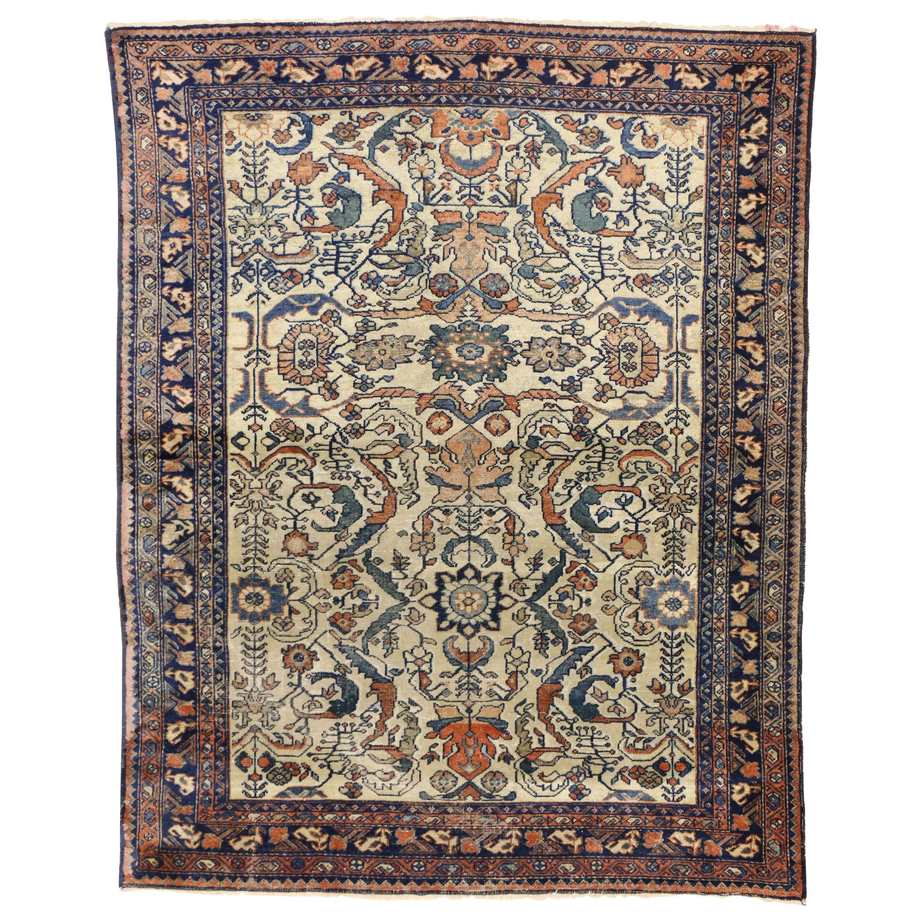 Antique Persian Lilihan Area Rug with Rustic Romantic Industrial Style