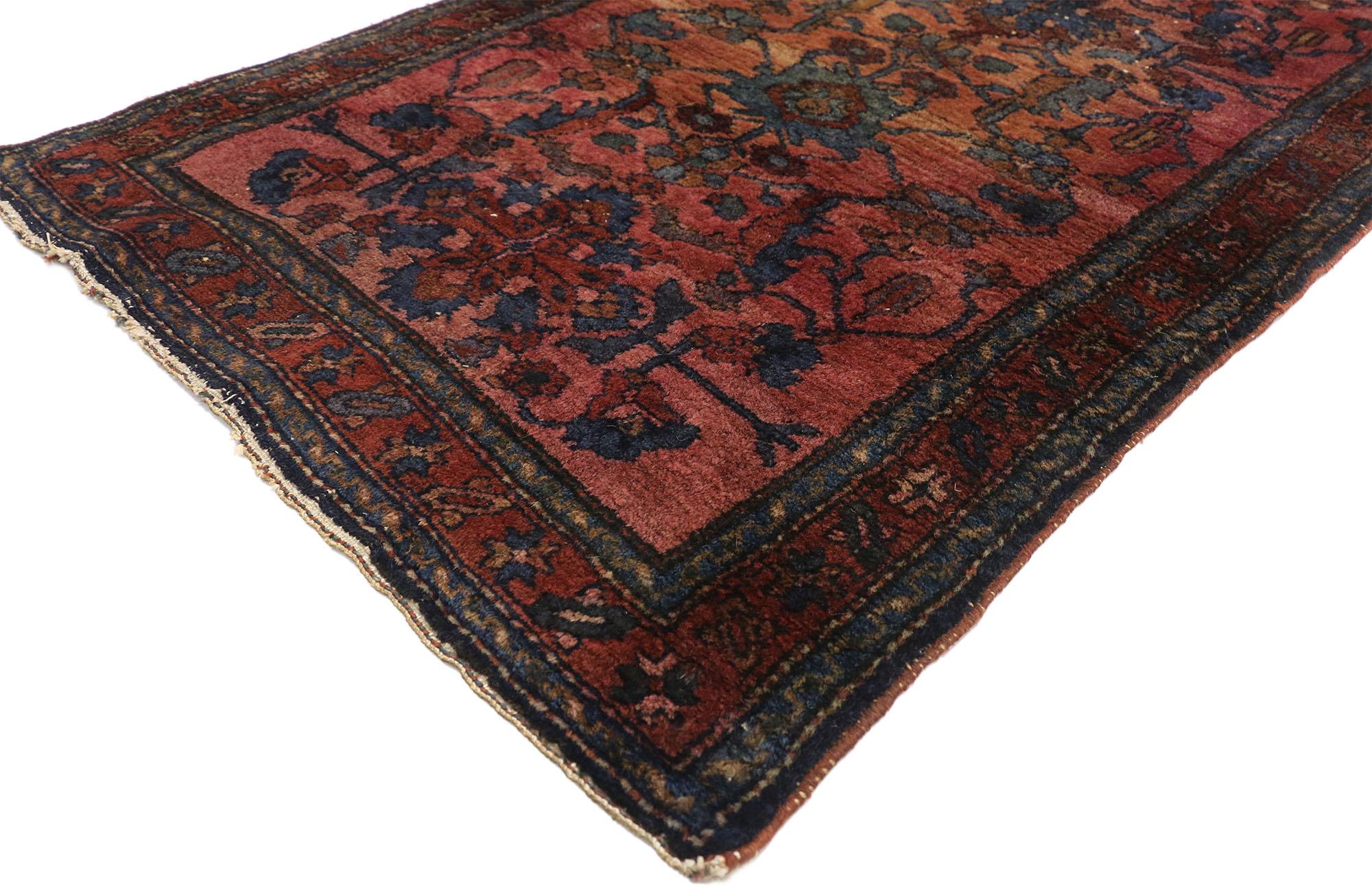 77236 Antique Persian Lilihan Long Hallway Runner with Bohemian Regency Style 02'08 x 16'03. This hand-knotted wool antique Persian Lilihan long hallway runner features a Herati pattern with a geometric floral design on a reddish-dark pink rose