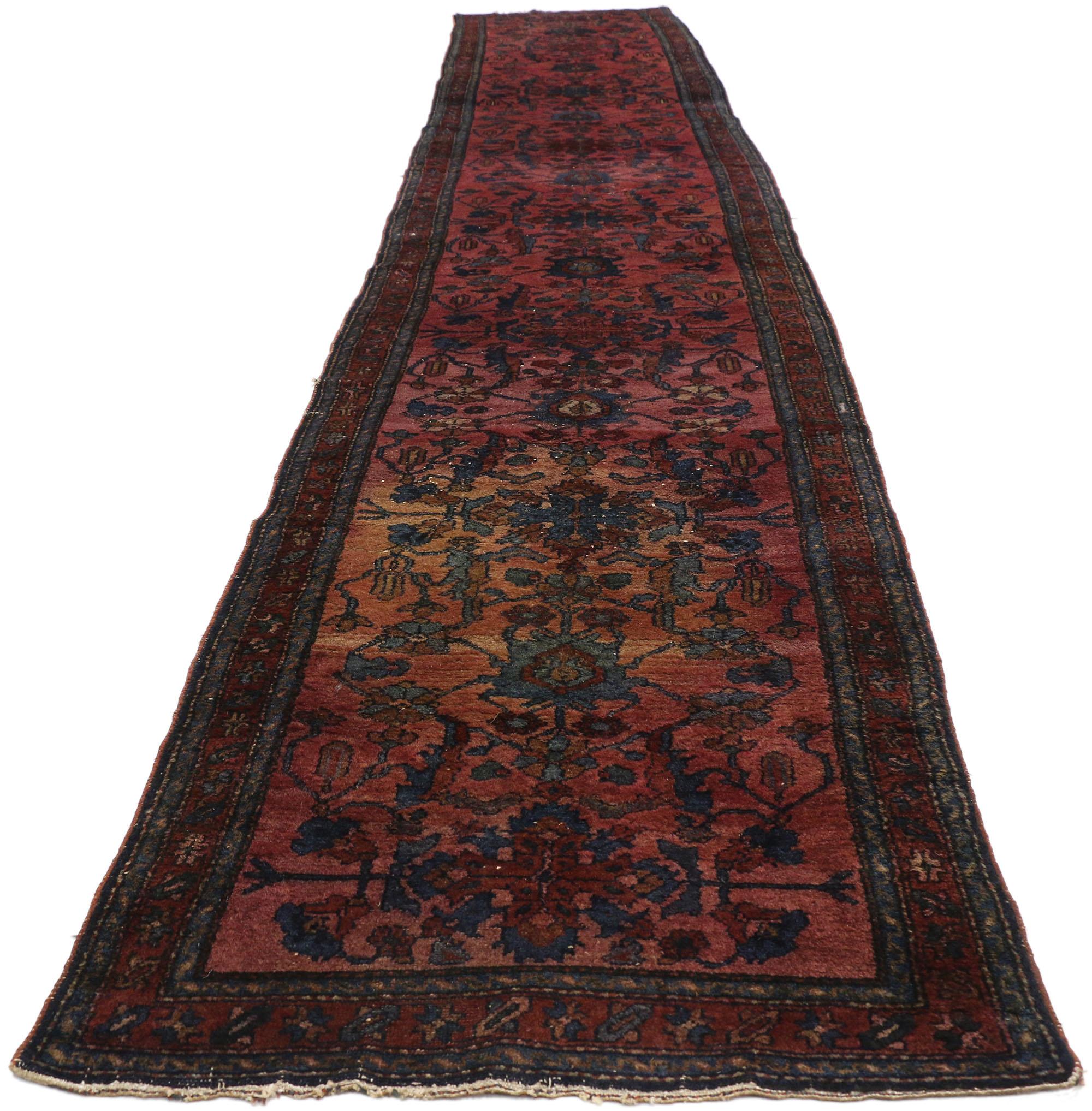 Hand-Knotted Antique Persian Lilihan Long Hallway Runner with Bohemian Regency Style For Sale
