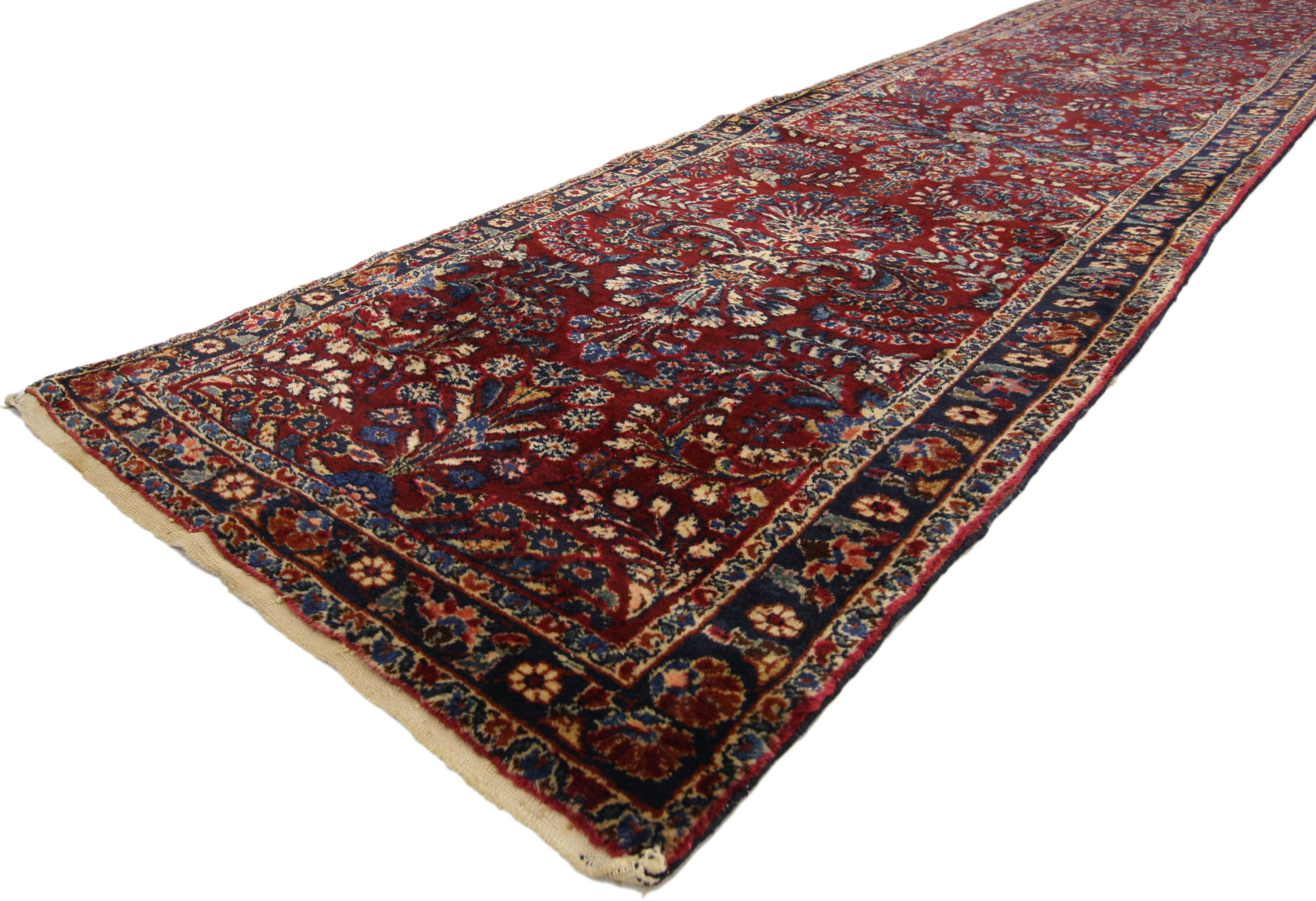 77169 Antique Persian Lilihan Runner with Old World Regency Style, Extra Long Hallway Runner 02’09 x 28’11.. This hand-knotted wool antique Persian Lilihan carpet runner features a pattern of bursting floral sprays densely populating the field