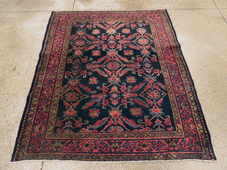 Small Black, Pink and Blue Handmade Persian Rug With Large Scale