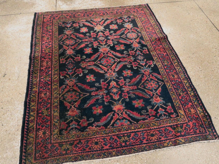 Small Black, Pink and Blue Handmade Persian Rug With Large Scale