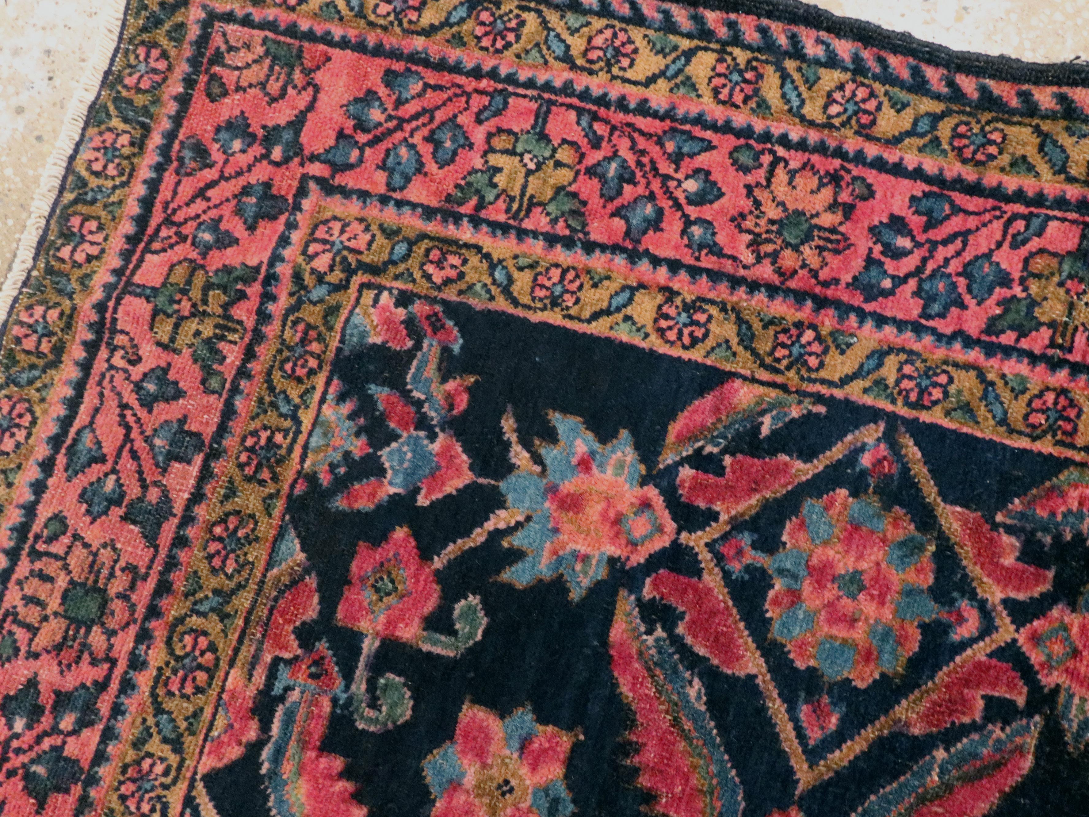 Rustic Small Black, Pink and Blue Handmade Persian Rug With Large Scale Classic Pattern