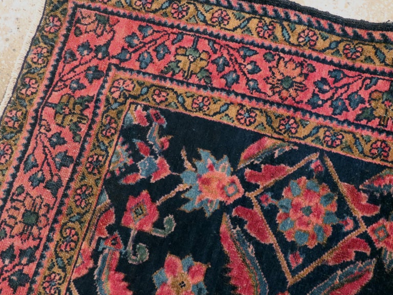 Small Black, Pink and Blue Handmade Persian Rug With Large Scale