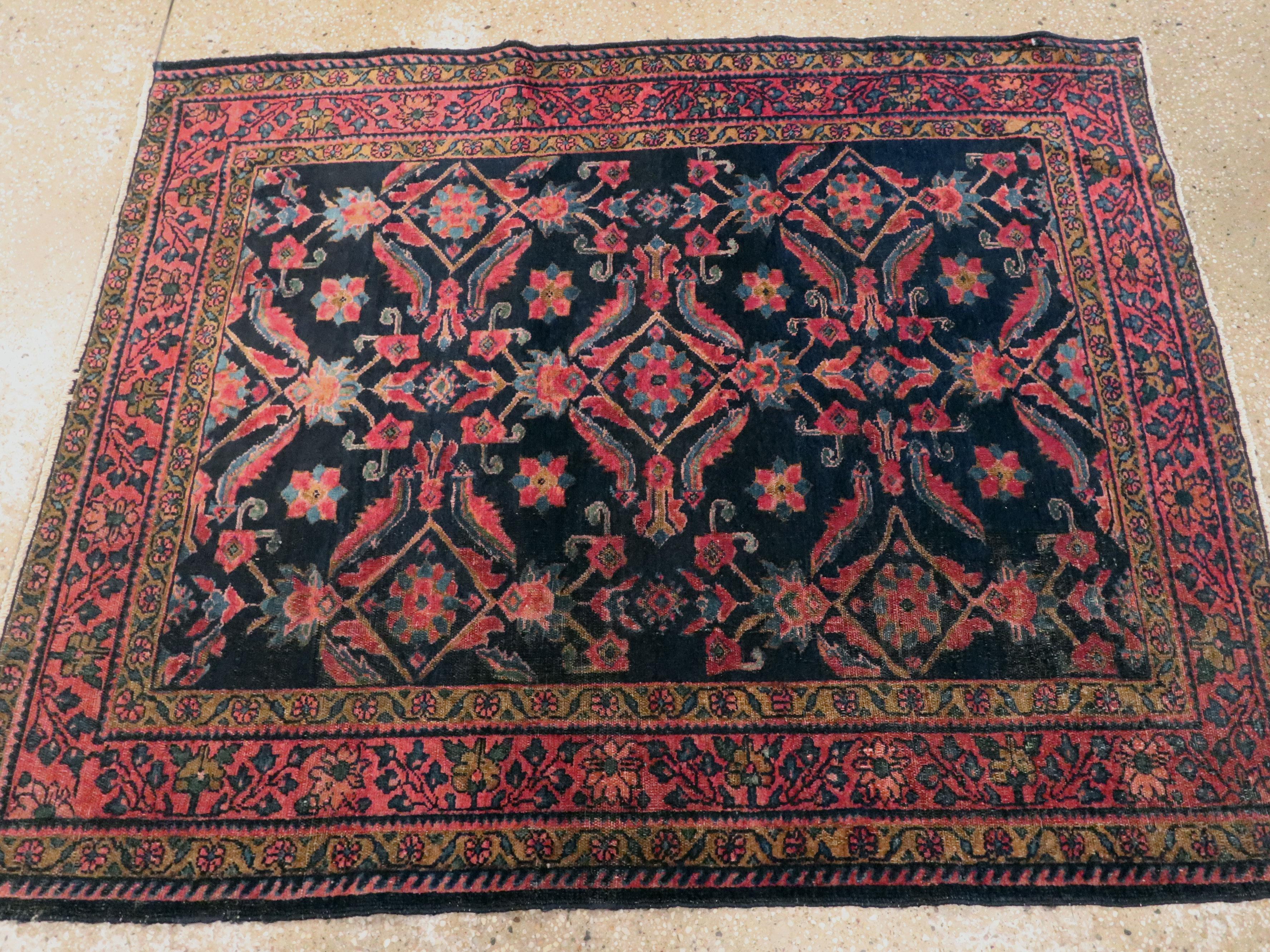 Hand-Knotted Small Black, Pink and Blue Handmade Persian Rug With Large Scale Classic Pattern