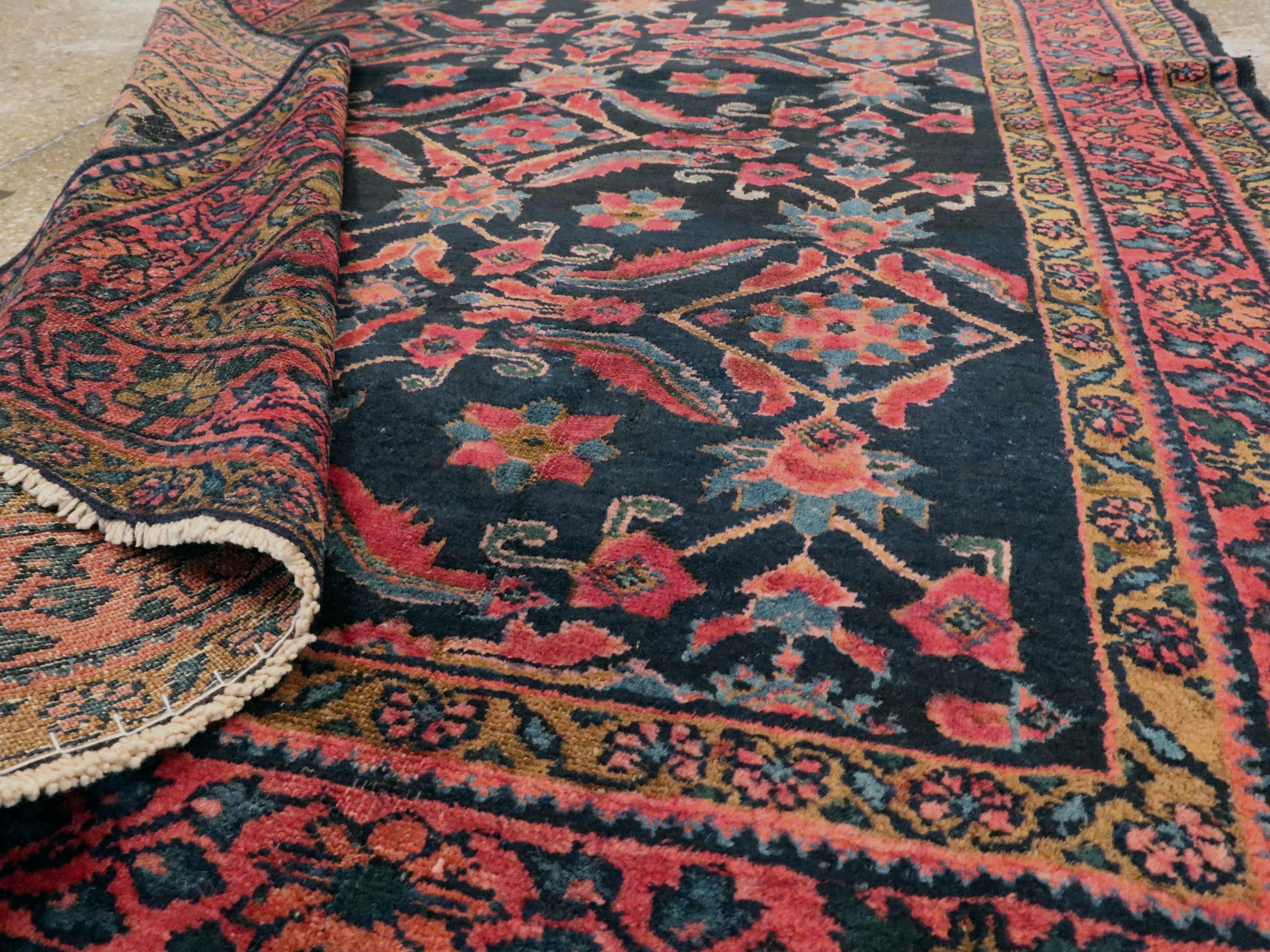 Small Black, Pink and Blue Handmade Persian Rug With Large Scale Classic Pattern In Good Condition In New York, NY