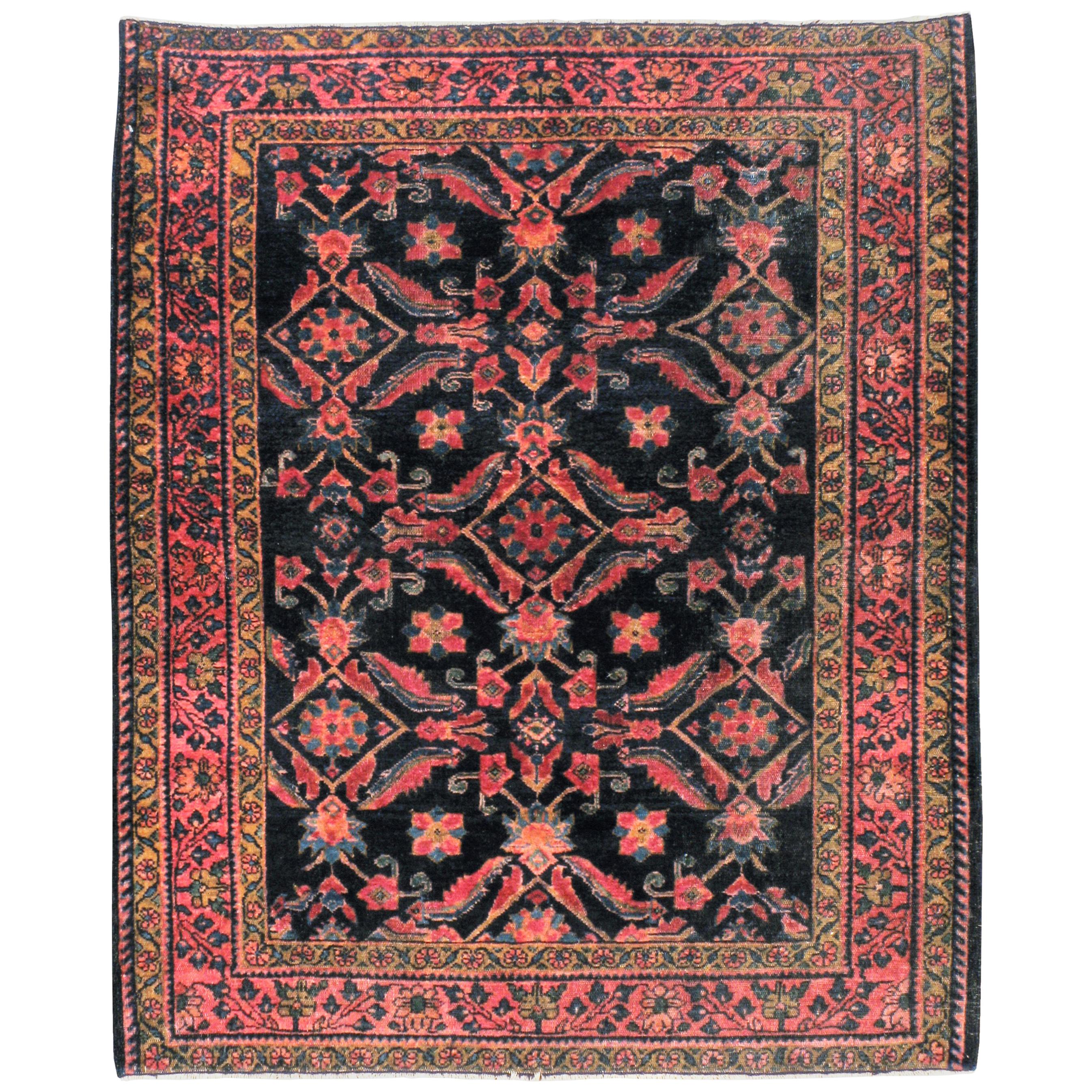 Small Black, Pink and Blue Handmade Persian Rug With Large Scale Classic Pattern