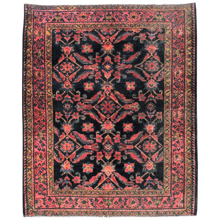 Small Black, Pink and Blue Handmade Persian Rug With Large Scale