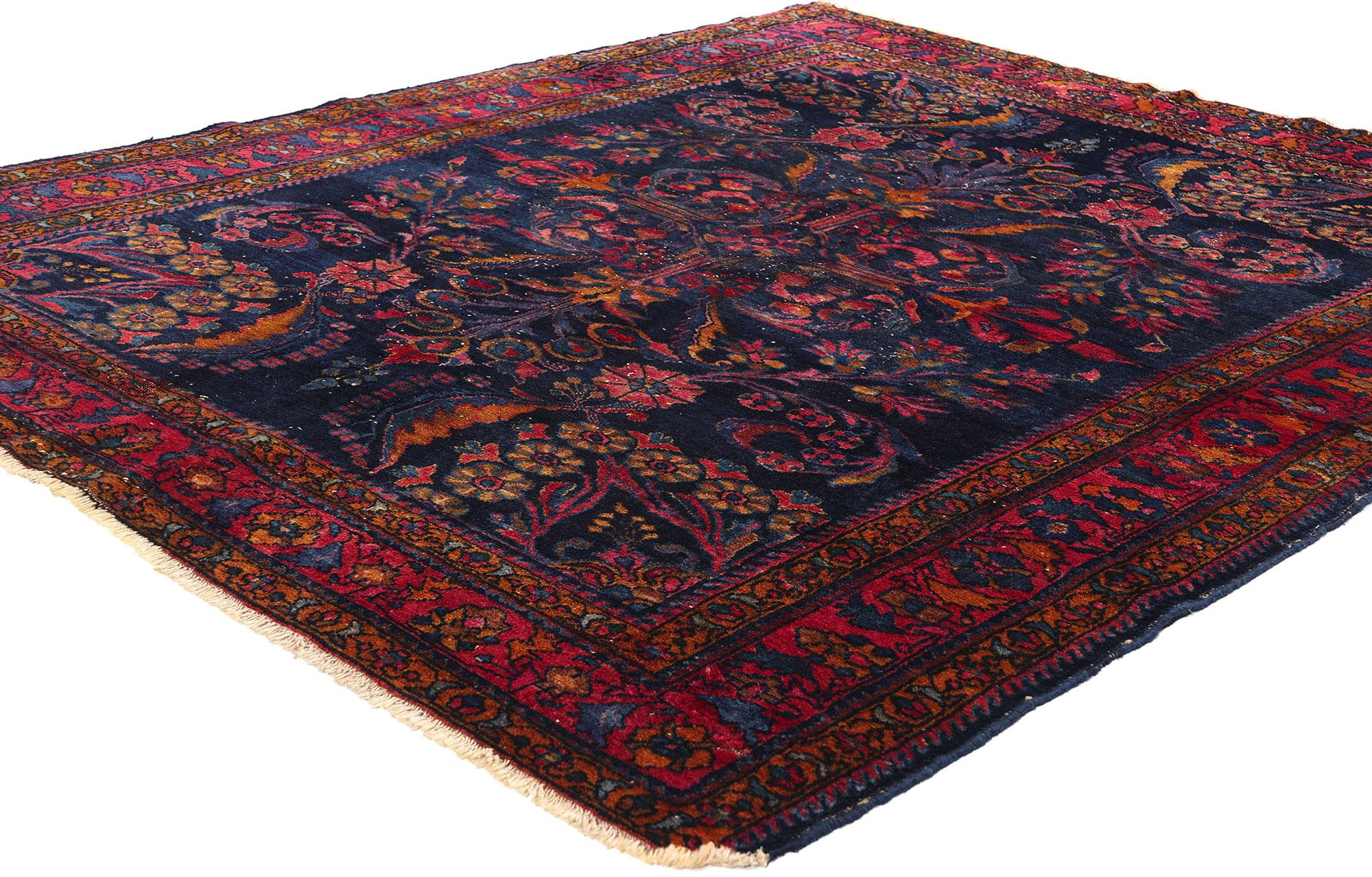 77633 Antique Navy Blue Persian Lilihan Rug, 05'06 x 06'03. Persian Lilihan rugs, originating from the village of Lilihan in Iran, are esteemed for their intricate floral and geometric designs, woven using the symmetrical knot technique with vibrant