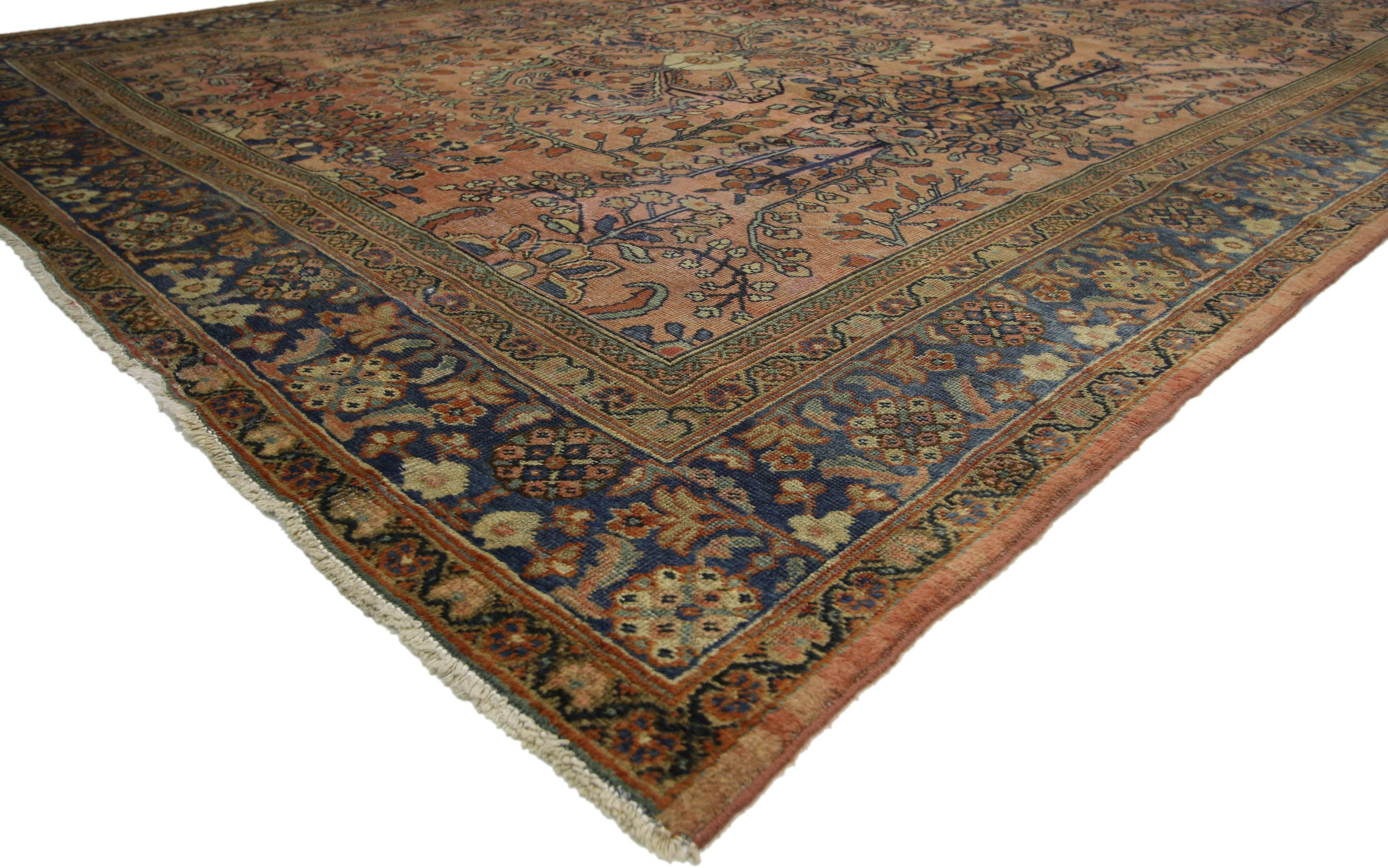 74264 Antique Persian Lilihan Rug with Rustic Victorian Style 08'02 x 11'07. Balancing a timeless floral design and decorative detailing with a lovingly time-worn patina, this hand-knotted wool antique Persian Lilihan rug beautifully embodies