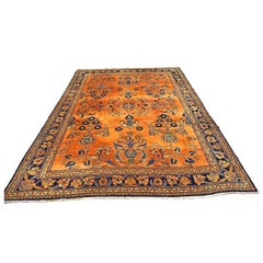 Antique Persian Lilihan Wool 7x10 Orange, Blue & Tan Handmade Area Rug