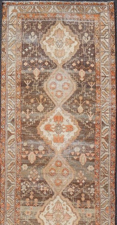 Antique Persian Long Malayer Runner Medallion Design in Brown, Gray, Steel Blue