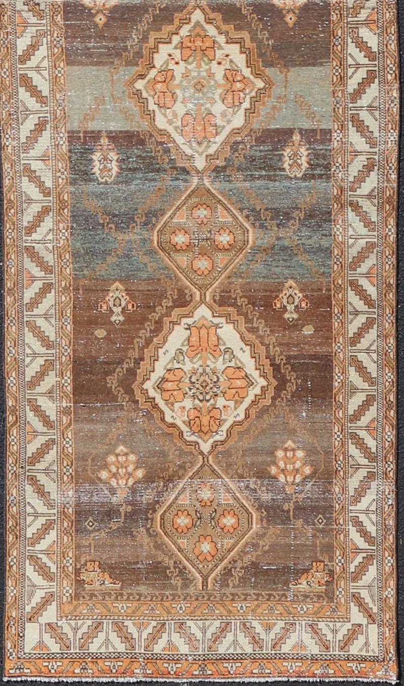 Antique Persian Long Malayer Runner Medallion Design in Brown, Gray, Steel Blue In Good Condition For Sale In Atlanta, GA