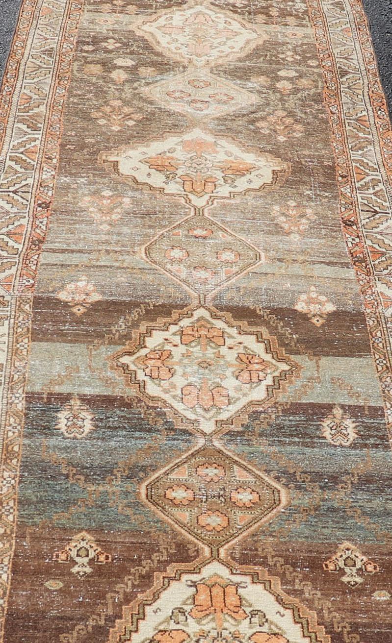 Early 20th Century Antique Persian Long Malayer Runner Medallion Design in Brown, Gray, Steel Blue For Sale