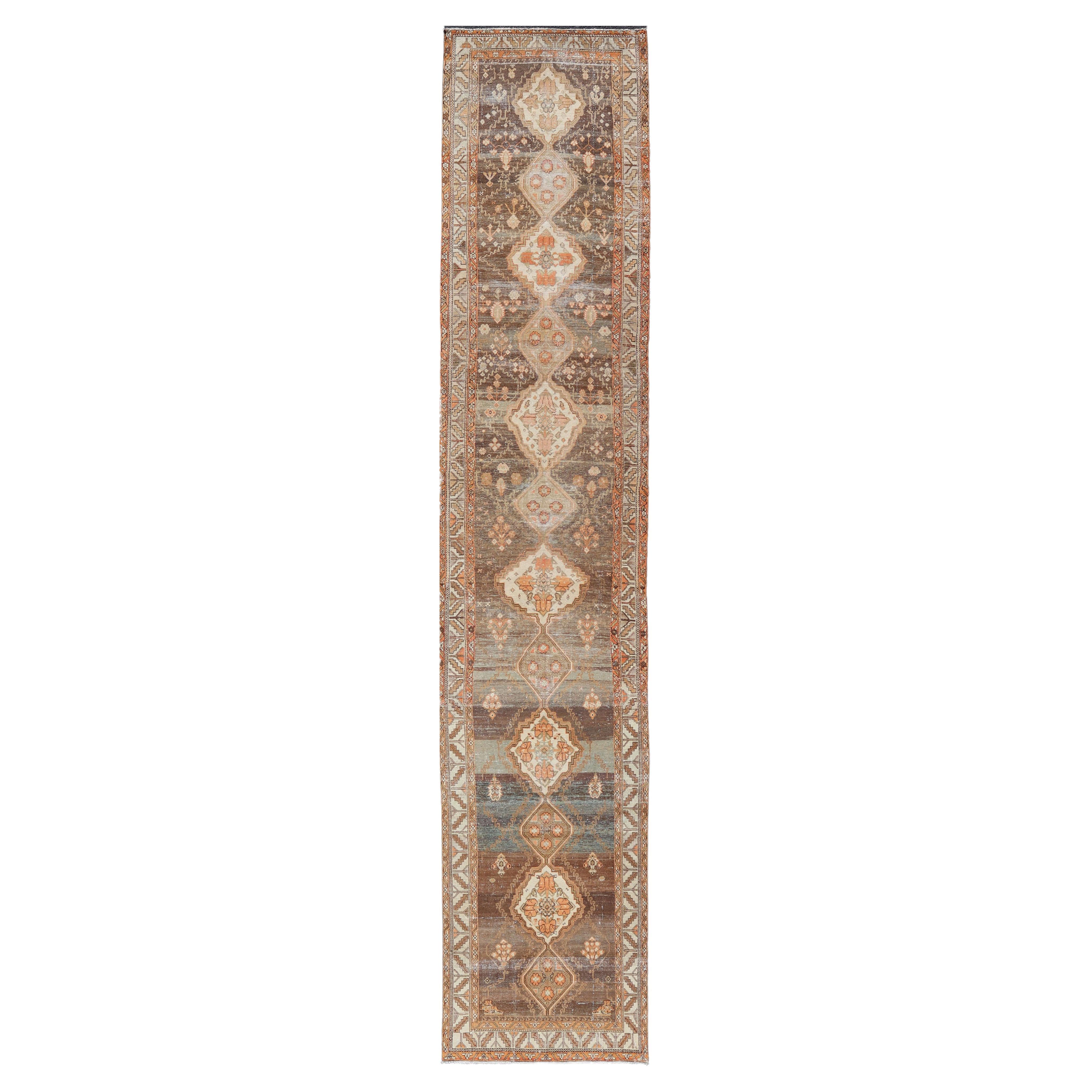 Antique Persian Long Malayer Runner Medallion Design in Brown, Gray, Steel Blue For Sale