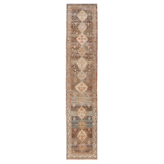 Antique Persian Long Malayer Runner Medallion Design in Brown, Gray, Steel Blue