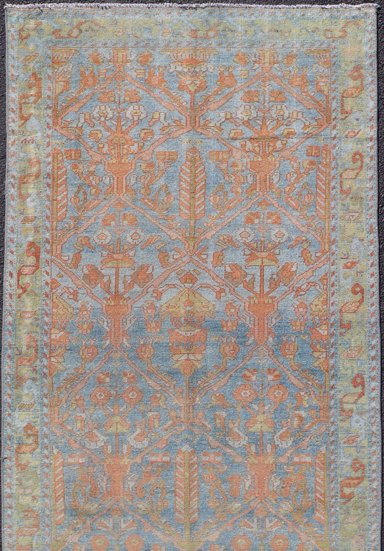 Colorful Floral Geometric Persian Malayer antique runner with all-over design, Keivan Woven Arts-rug SUS-2012-820, country of origin / type: Iran / Malayer, circa 1920.

This antique Persian Malayer runner, circa early 20th century, relies heavily